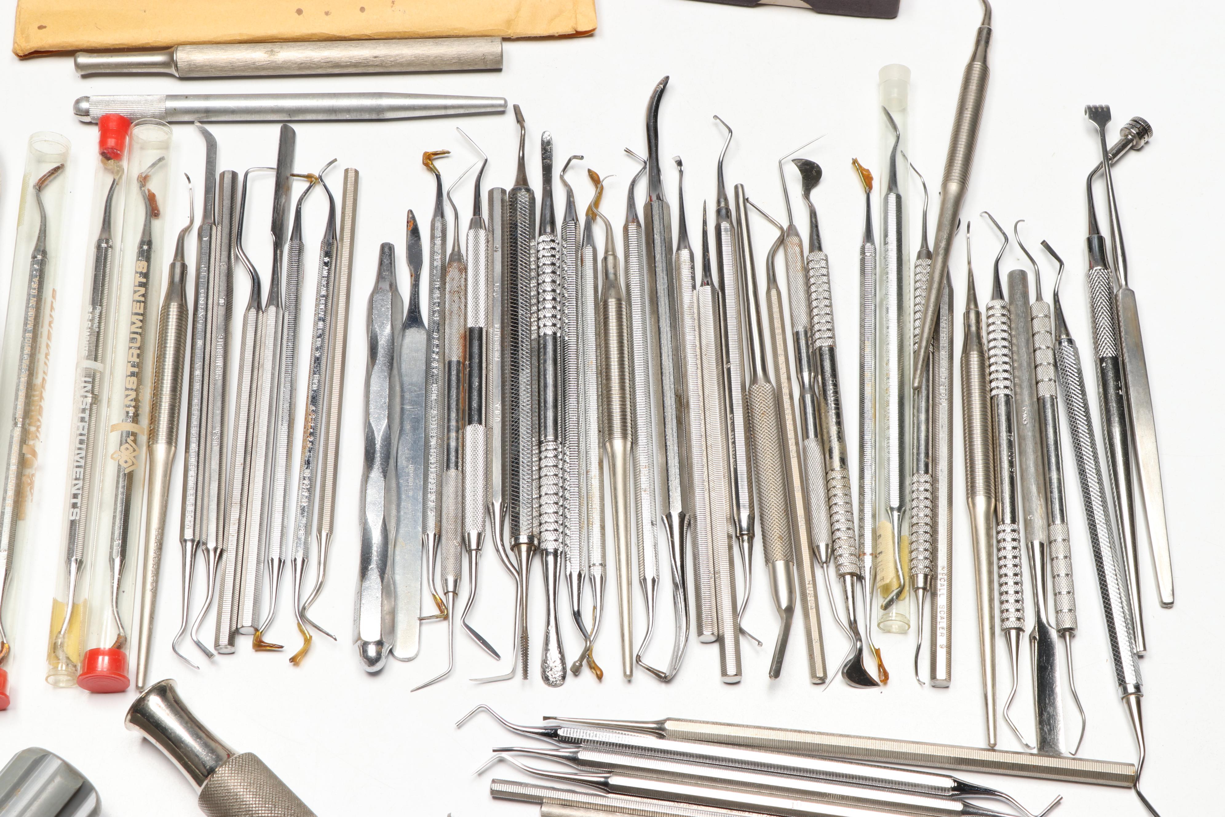 Celluloid and Wood Handle Chisels with Other Vintage Dental Instruments