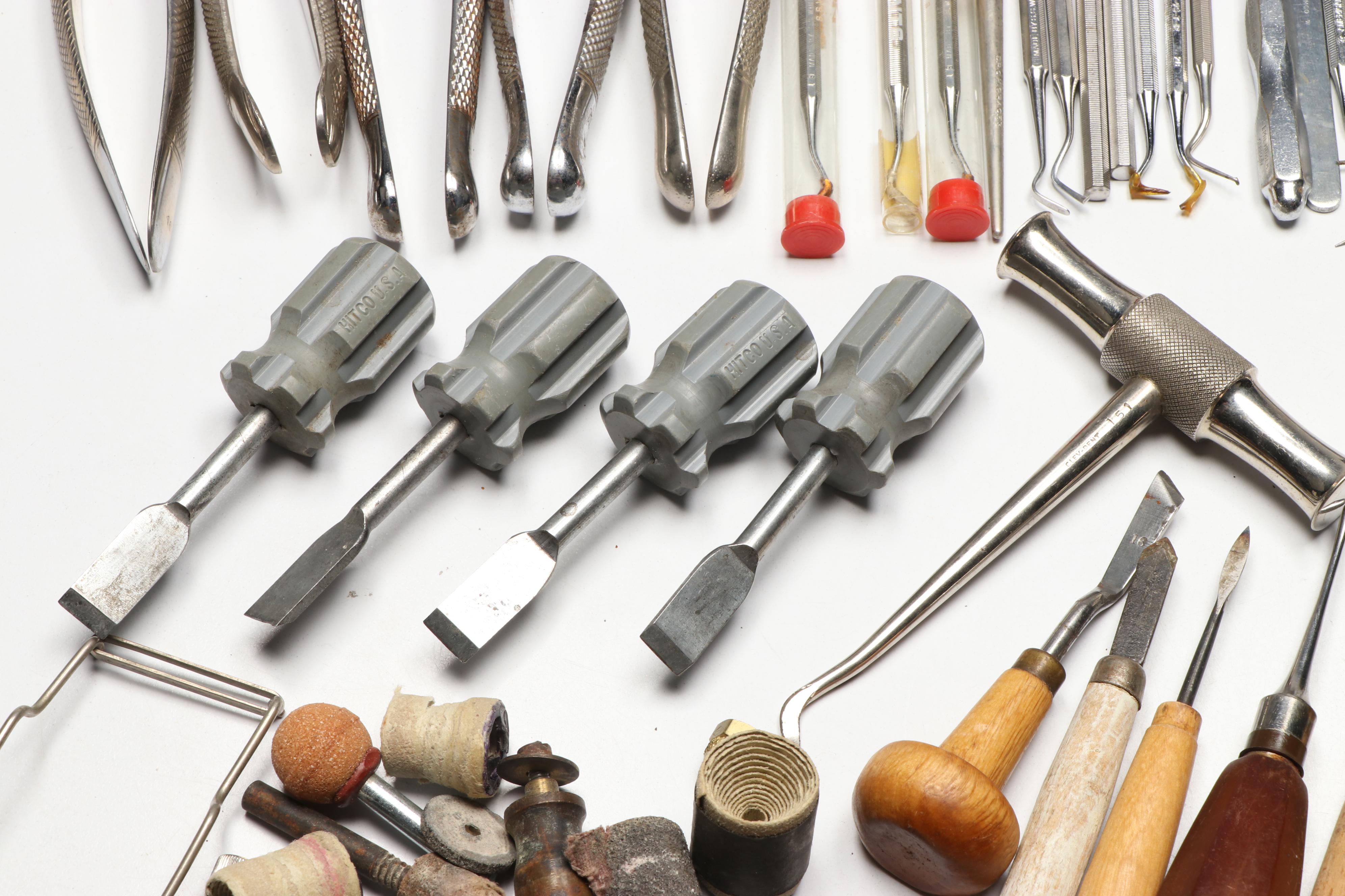 Celluloid and Wood Handle Chisels with Other Vintage Dental Instruments