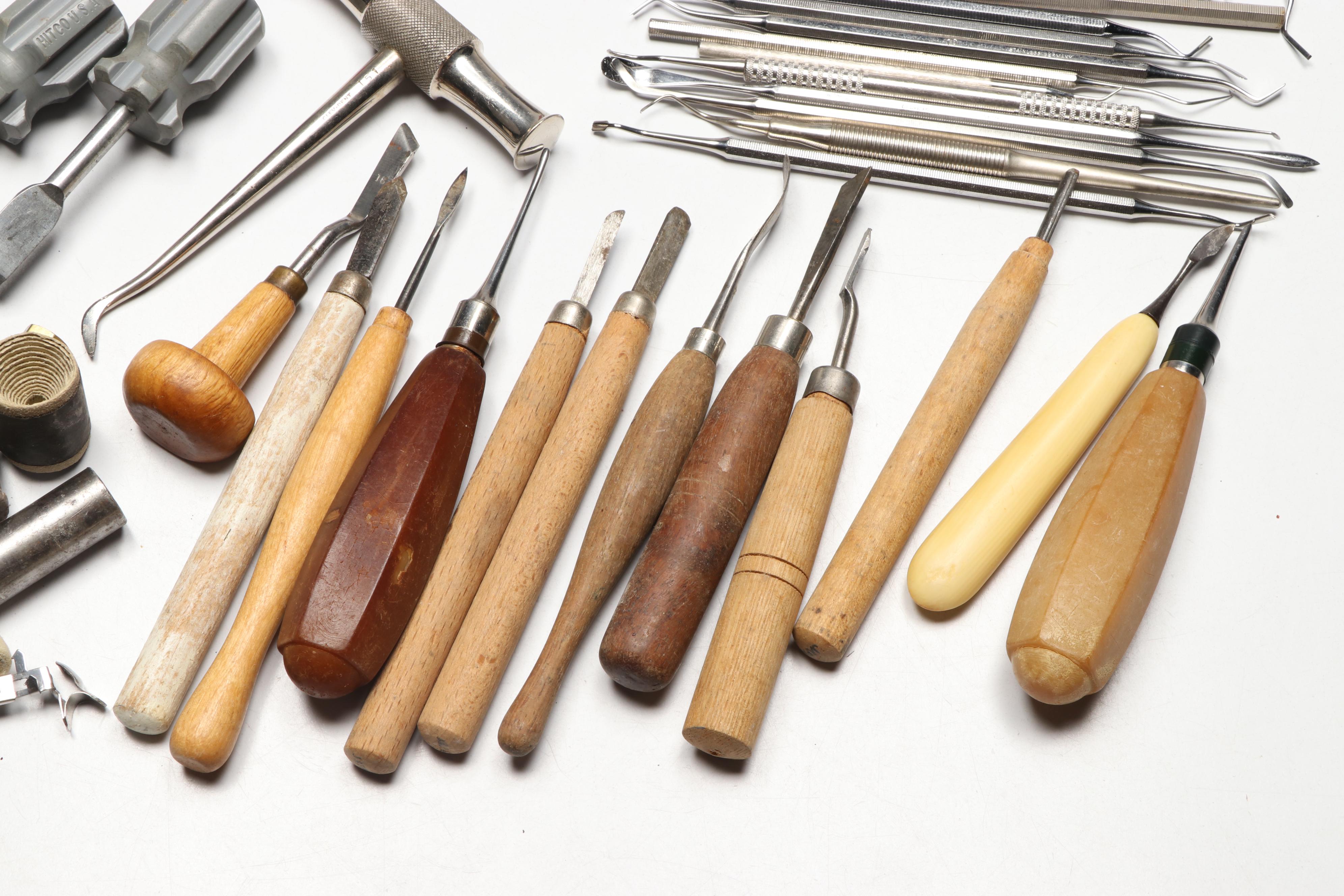 Celluloid and Wood Handle Chisels with Other Vintage Dental Instruments