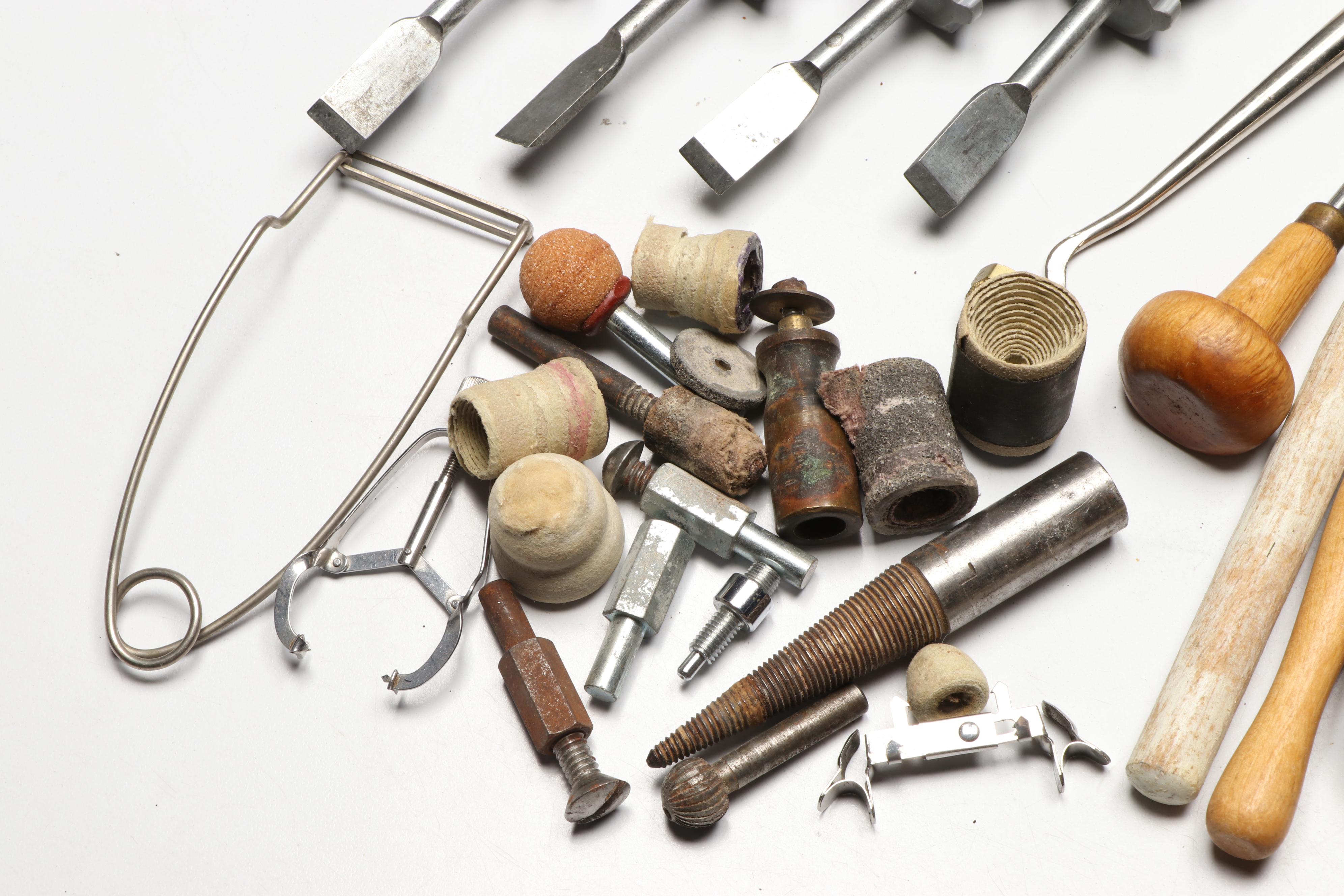 Celluloid and Wood Handle Chisels with Other Vintage Dental Instruments