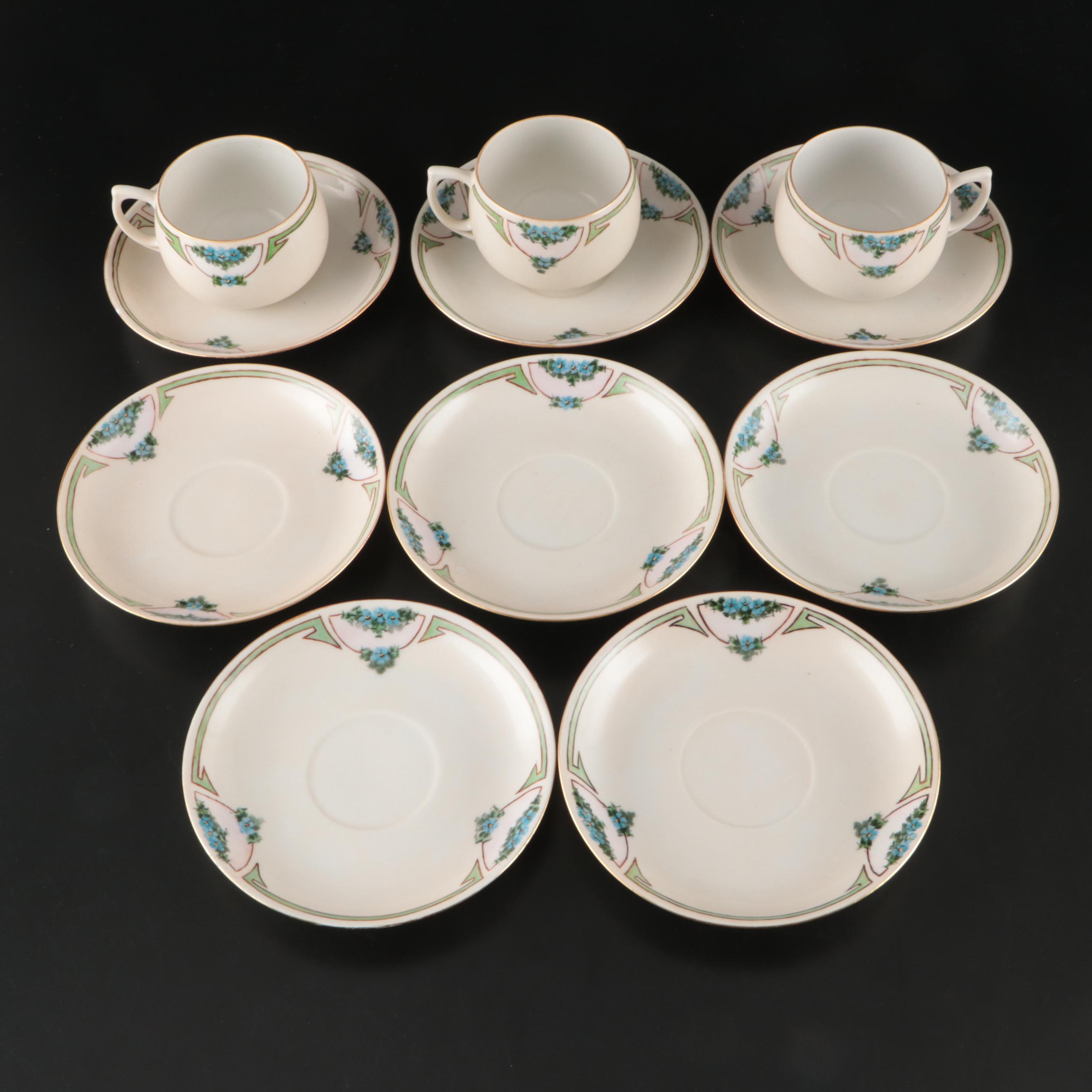 Japanese Export Blue Floral Porcelain Saucers and Teacups