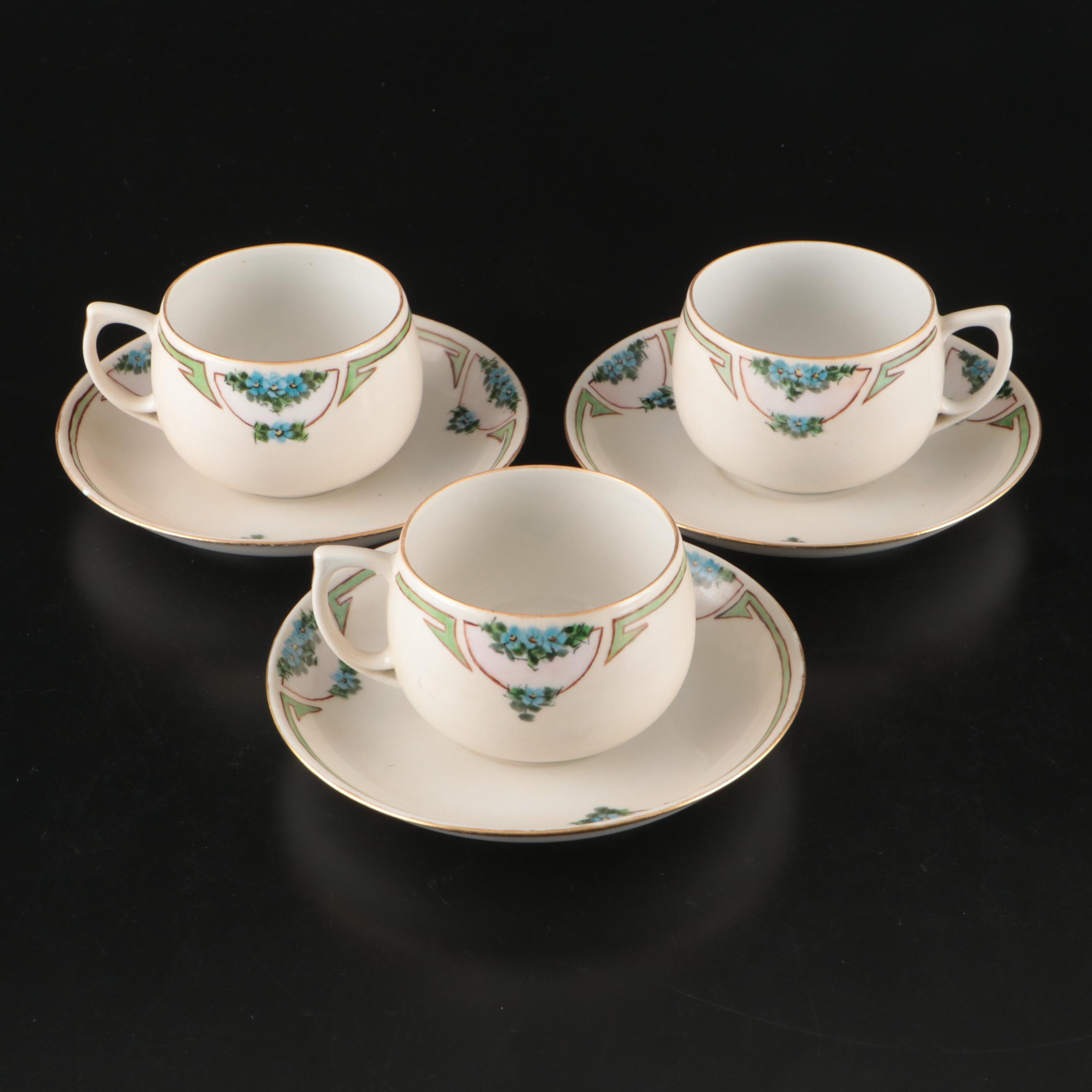 Japanese Export Blue Floral Porcelain Saucers and Teacups