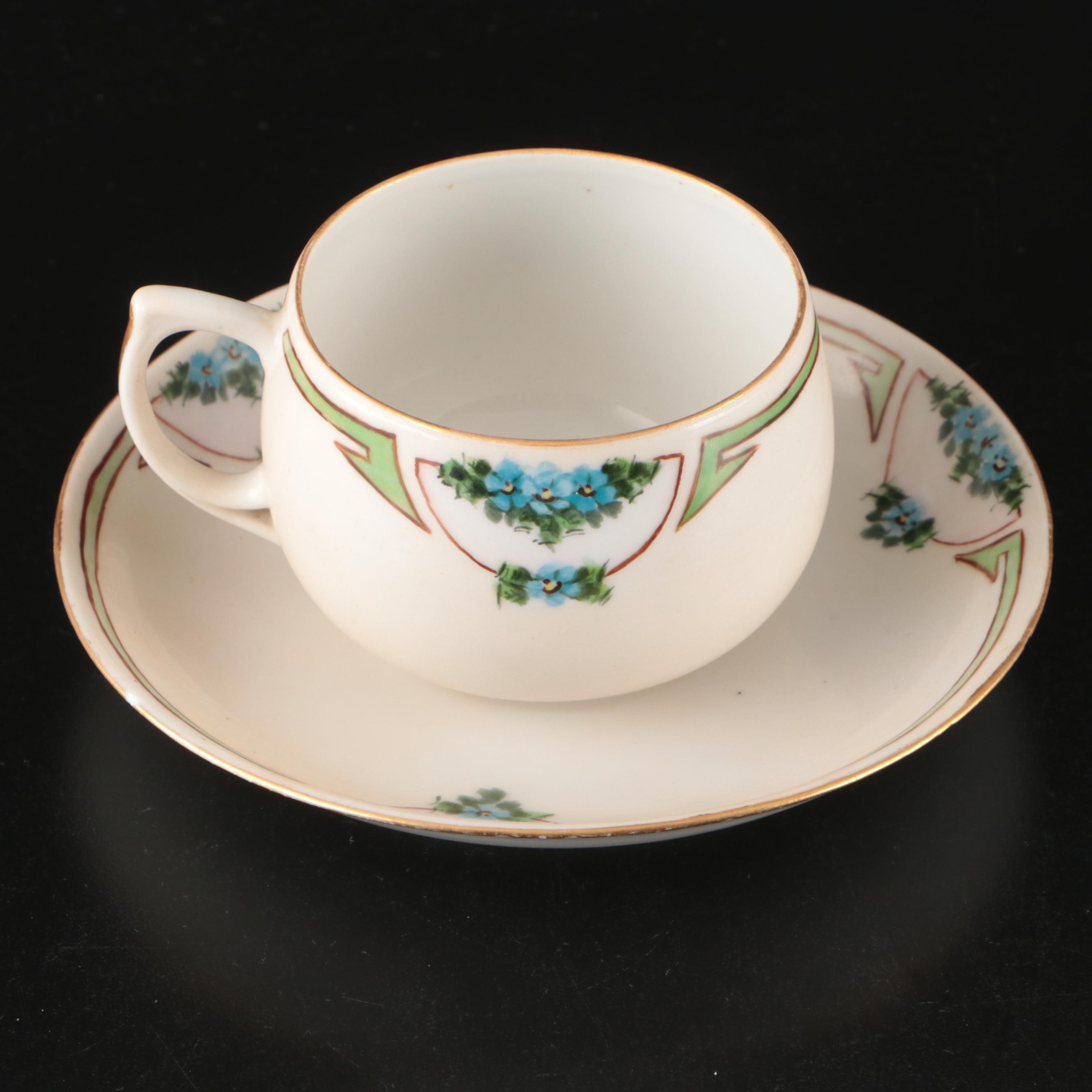 Japanese Export Blue Floral Porcelain Saucers and Teacups