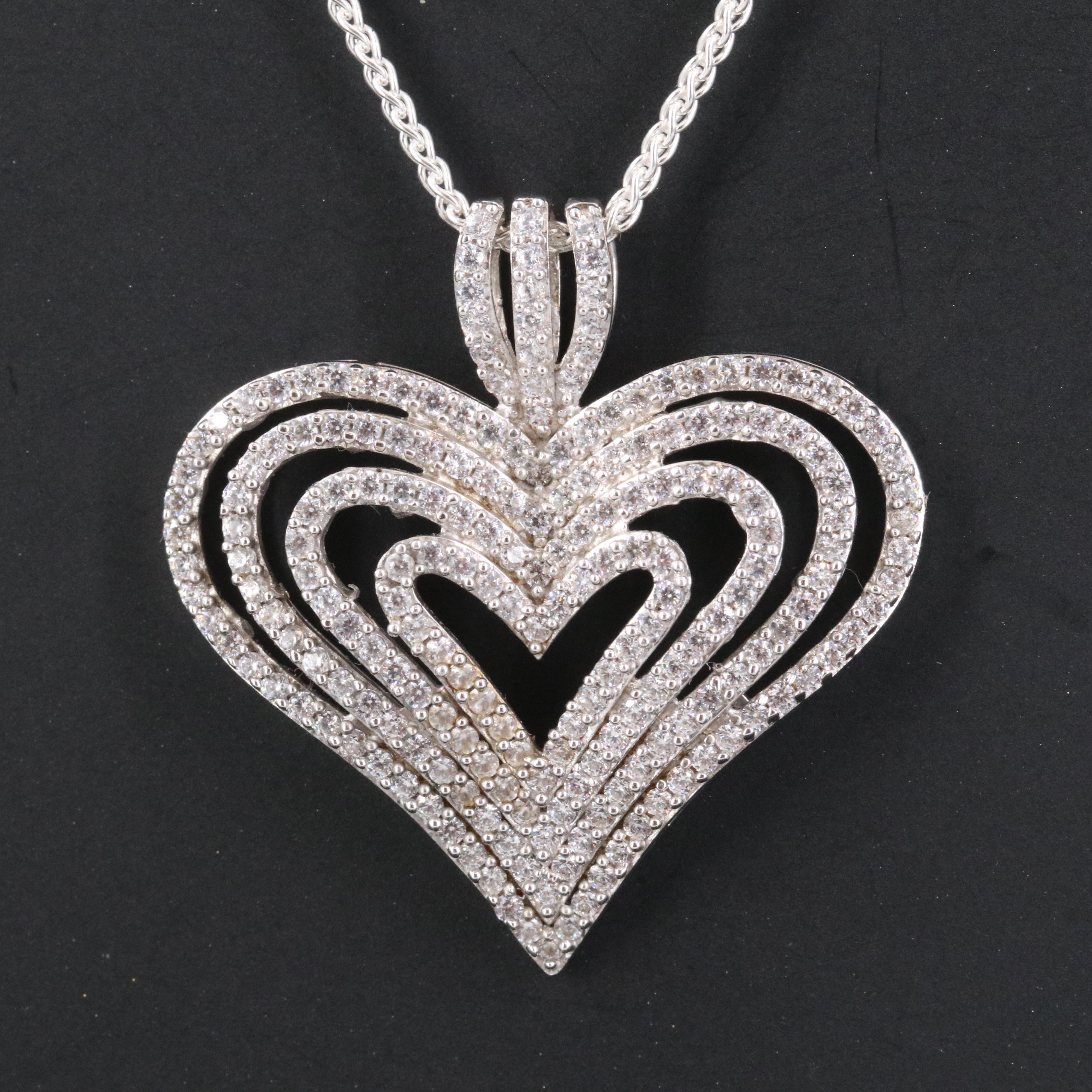 Sterling CZ Concentric Heart Pendant Necklace