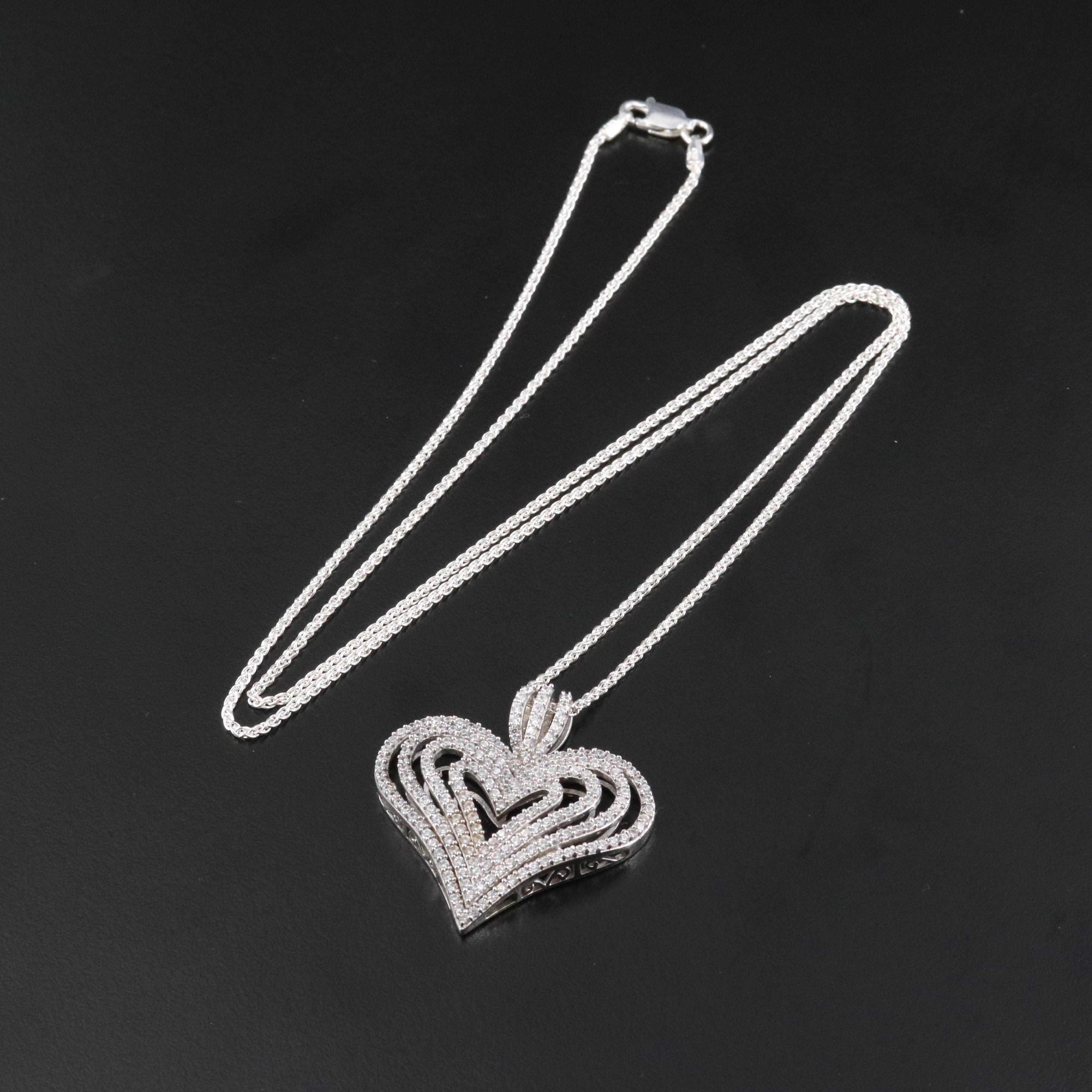 Sterling CZ Concentric Heart Pendant Necklace