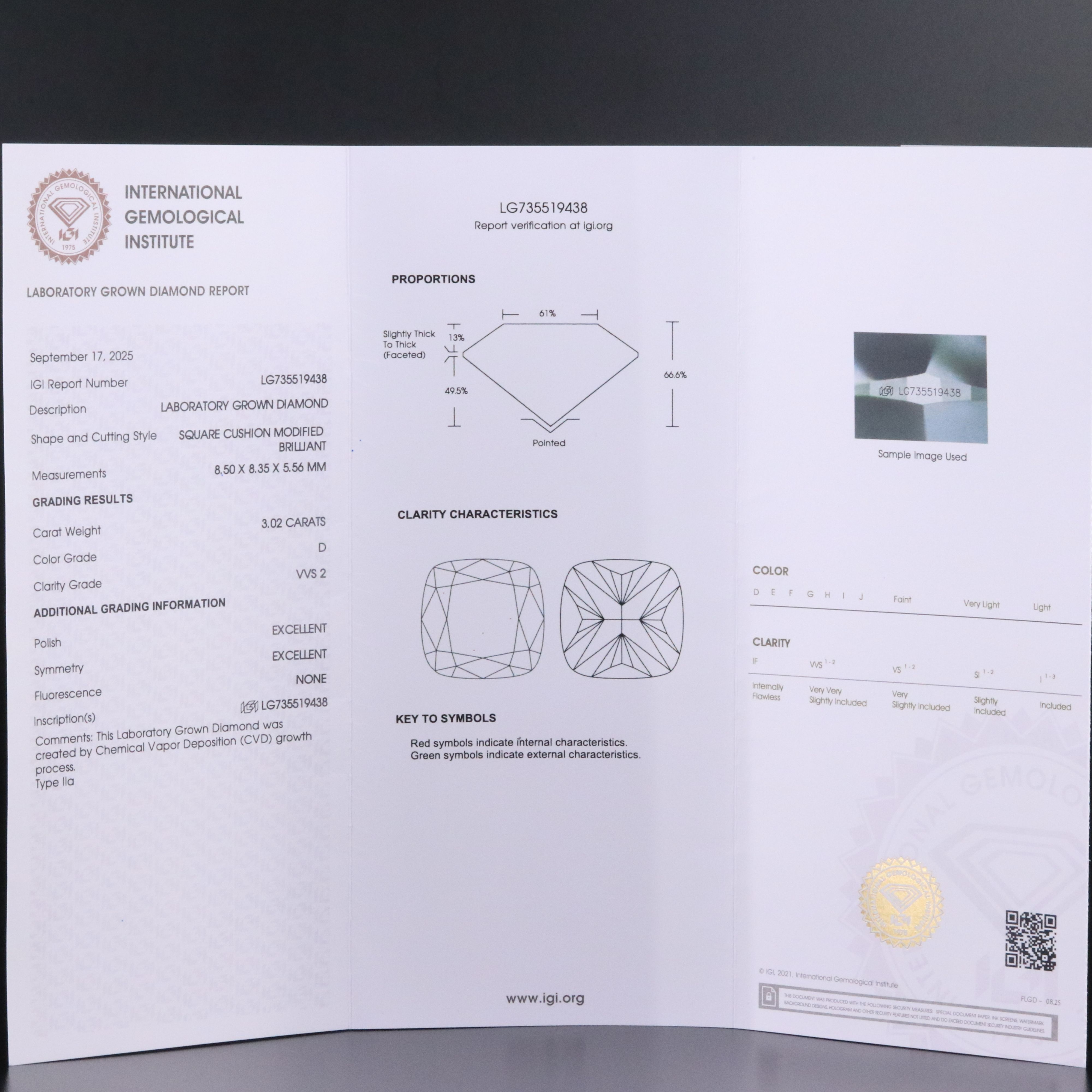 Loose 3.02 CT Lab Grown Diamond with IGI Report