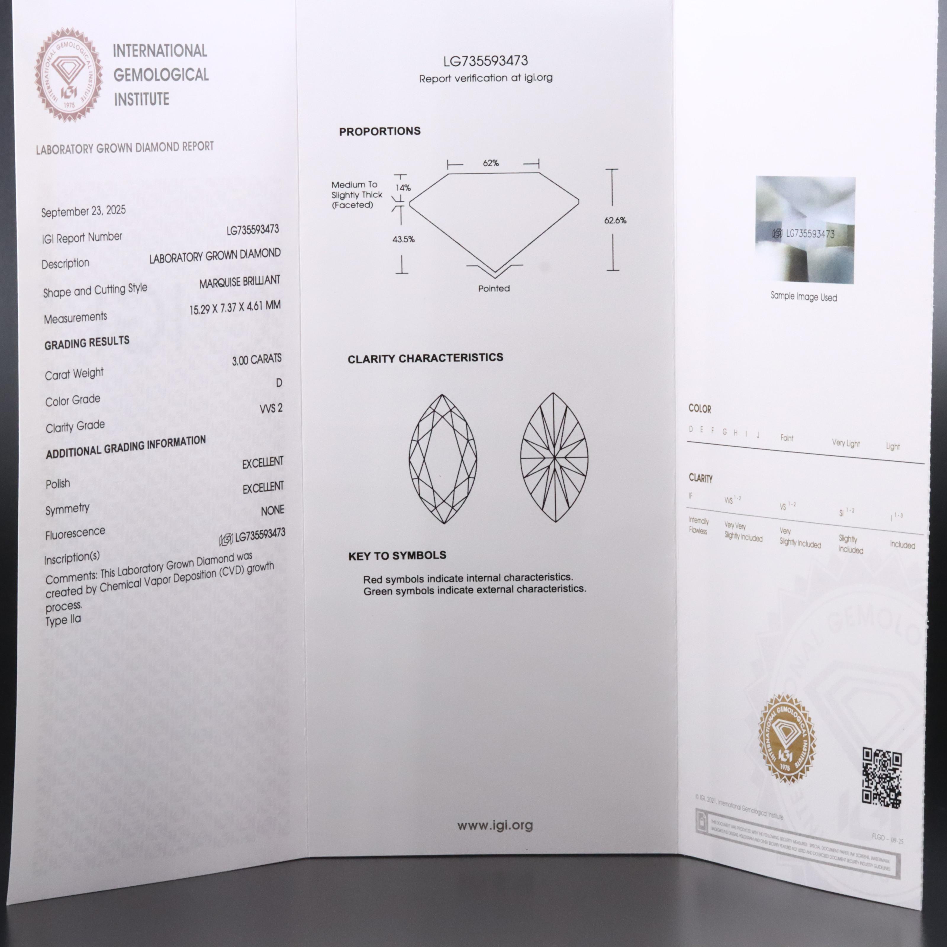 Loose 3.00 CT Lab Grown Diamond with IGI Report
