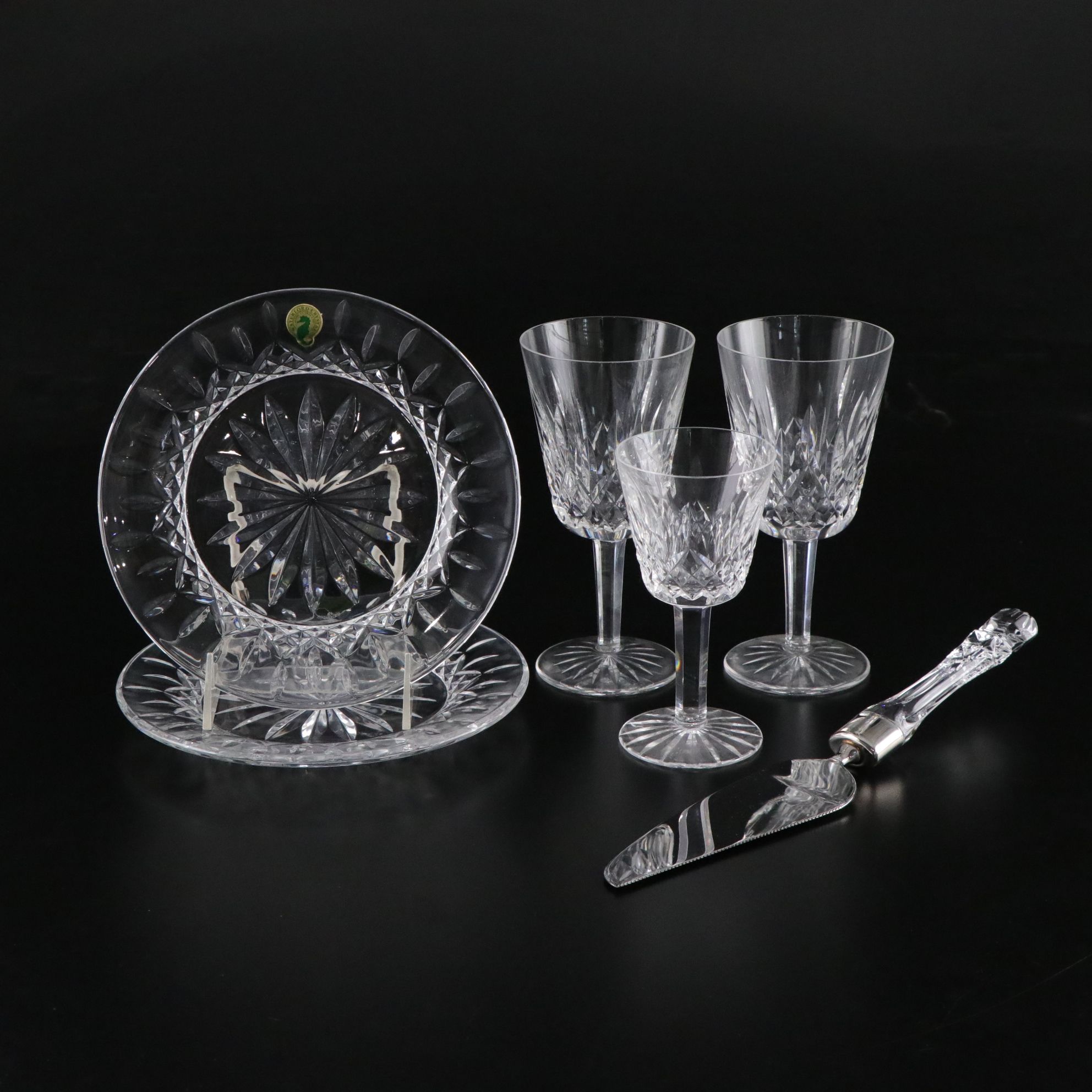 Waterford "Lismore" Crystal Offset Cake Server, Goblets, Claret, and Plates