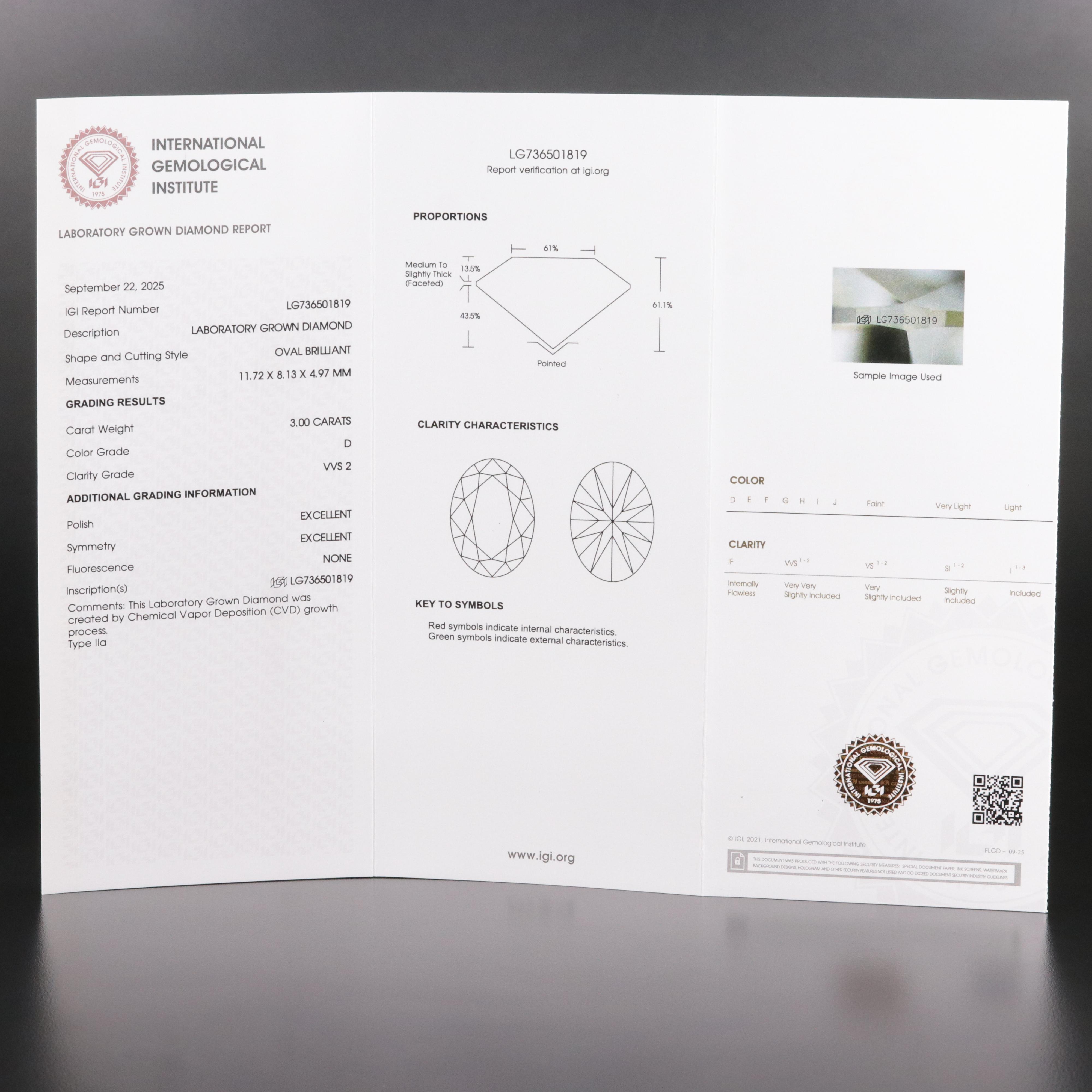 Loose 3.00 CT Lab Grown Diamond with IGI Report