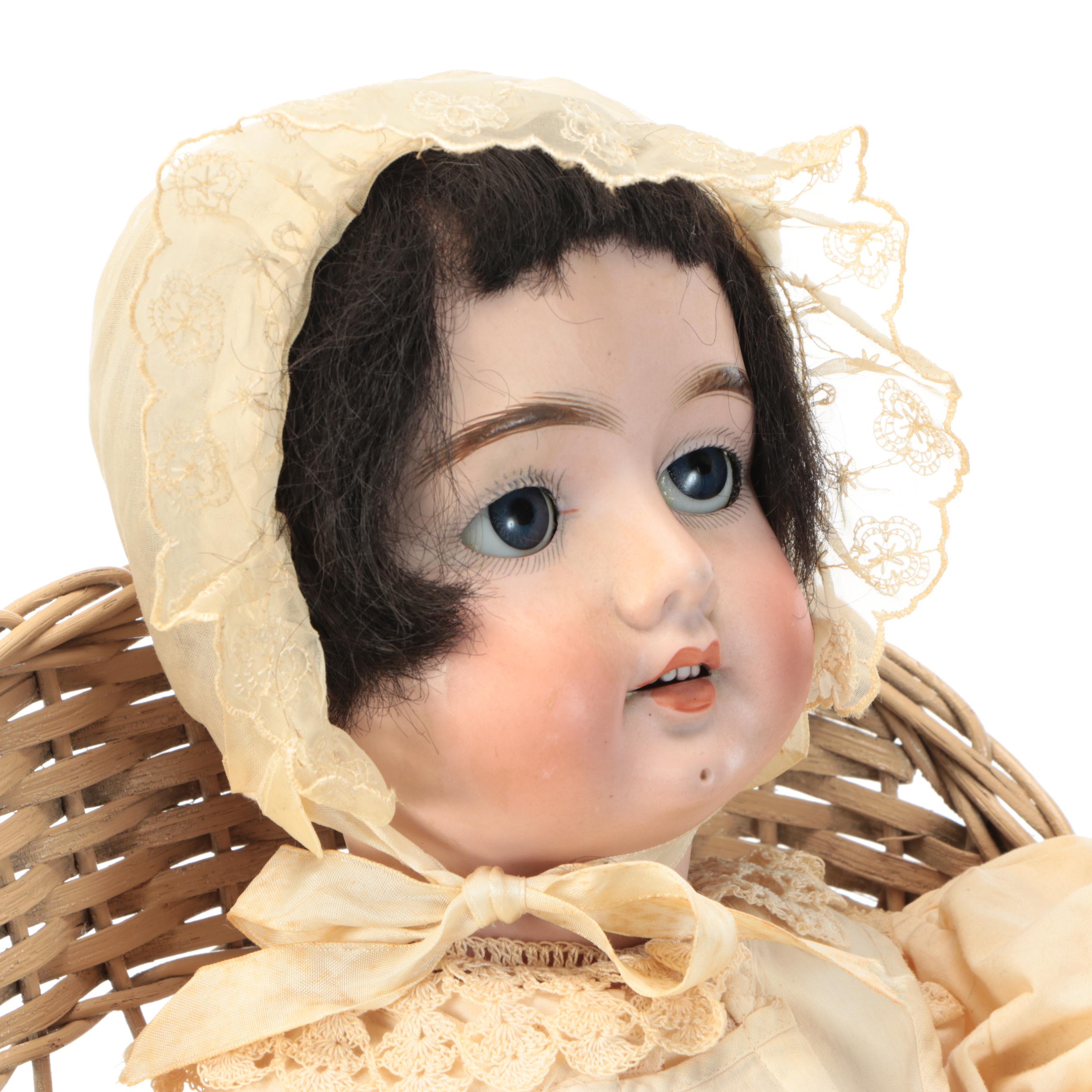 Victorian Style Bisque Doll Head with Voice Box Baby Body and Wicker Stroller