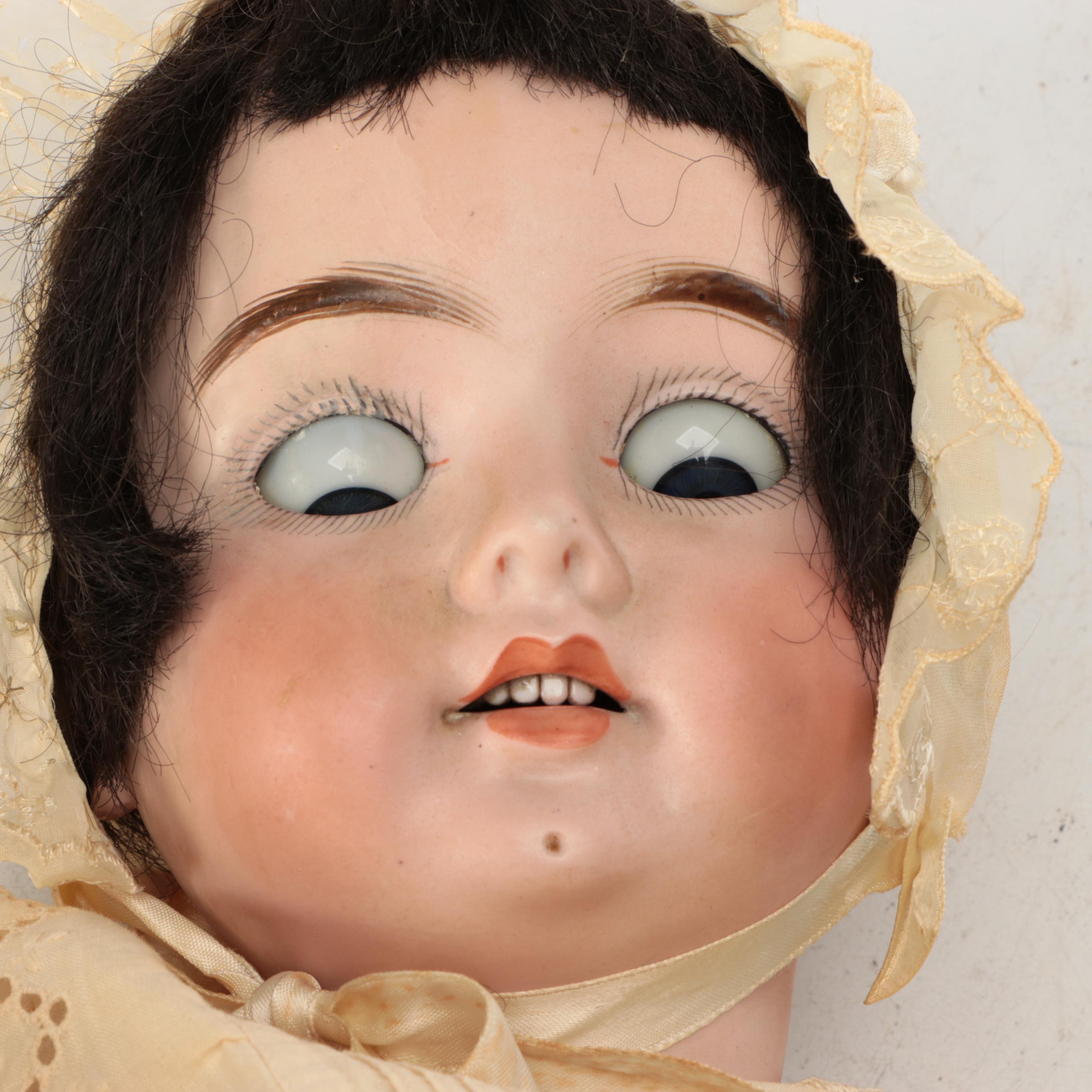Victorian Style Bisque Doll Head with Voice Box Baby Body and Wicker Stroller