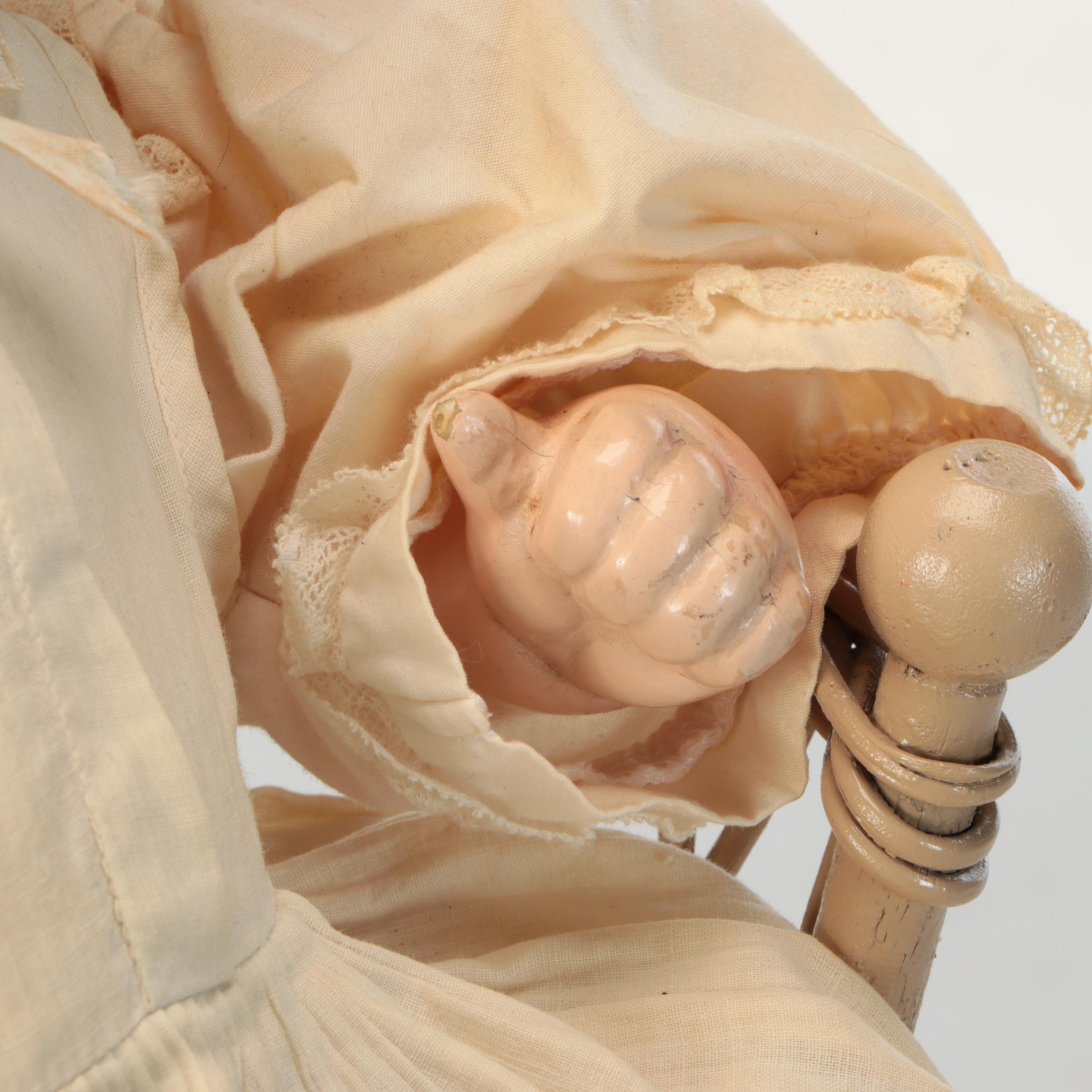 Victorian Style Bisque Doll Head with Voice Box Baby Body and Wicker Stroller