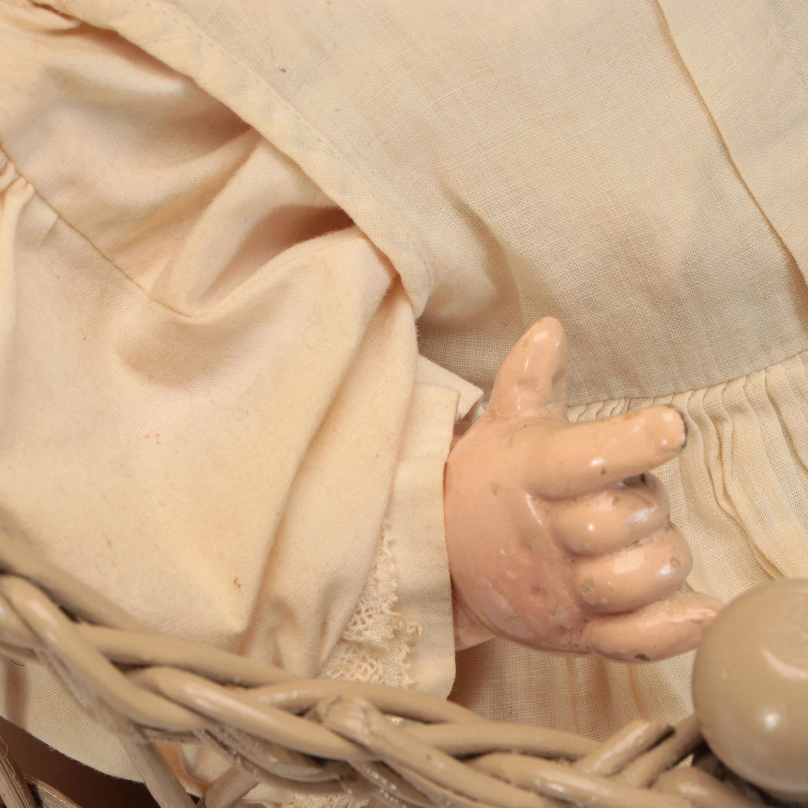 Victorian Style Bisque Doll Head with Voice Box Baby Body and Wicker Stroller