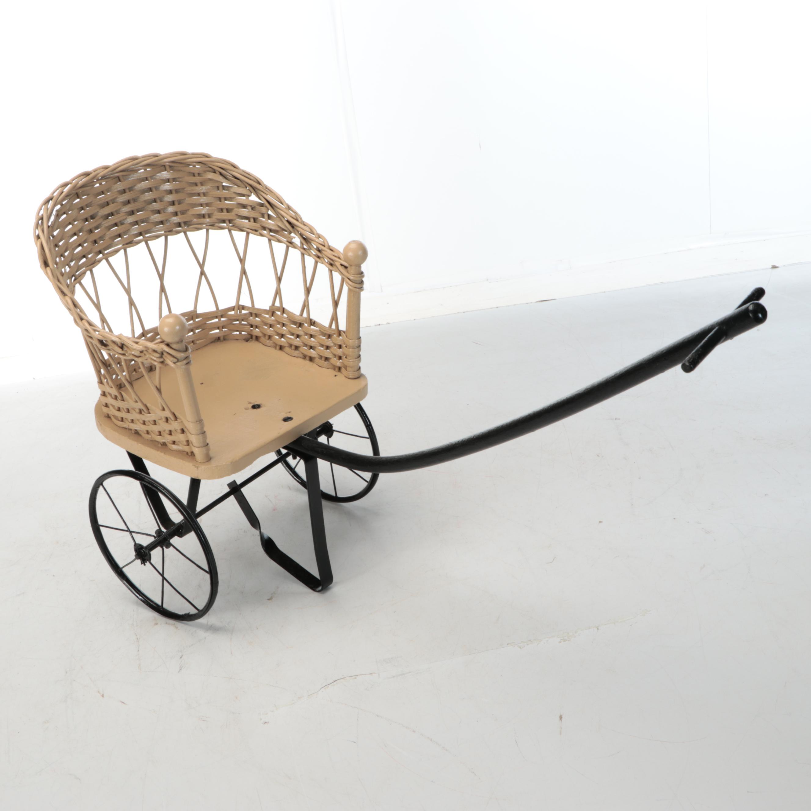 Victorian Style Bisque Doll Head with Voice Box Baby Body and Wicker Stroller