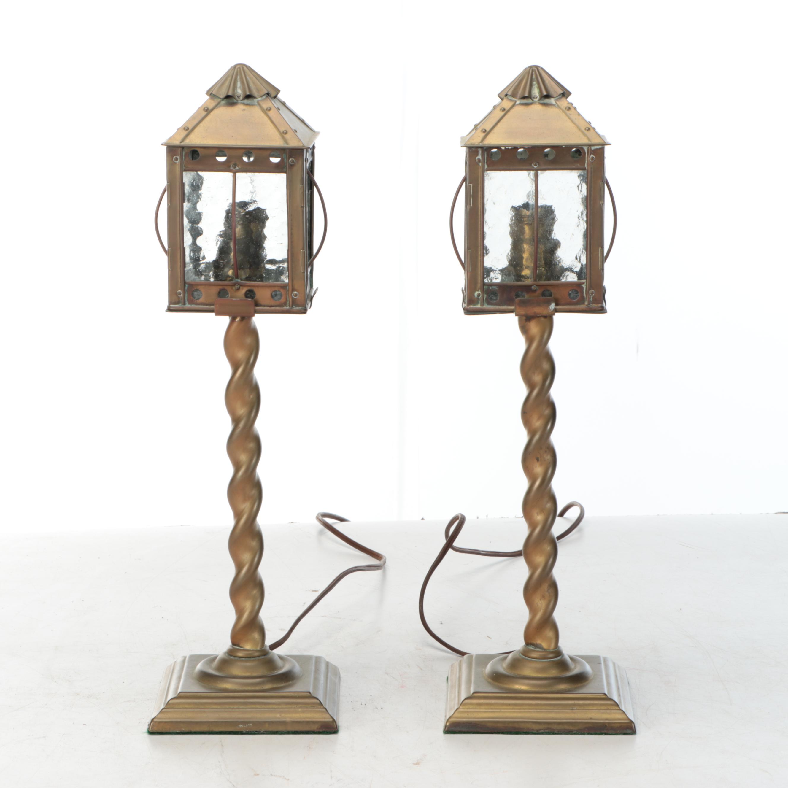 Barley Twist Brass Candlestick Lamps with Glass Lantern Shades, Vintage