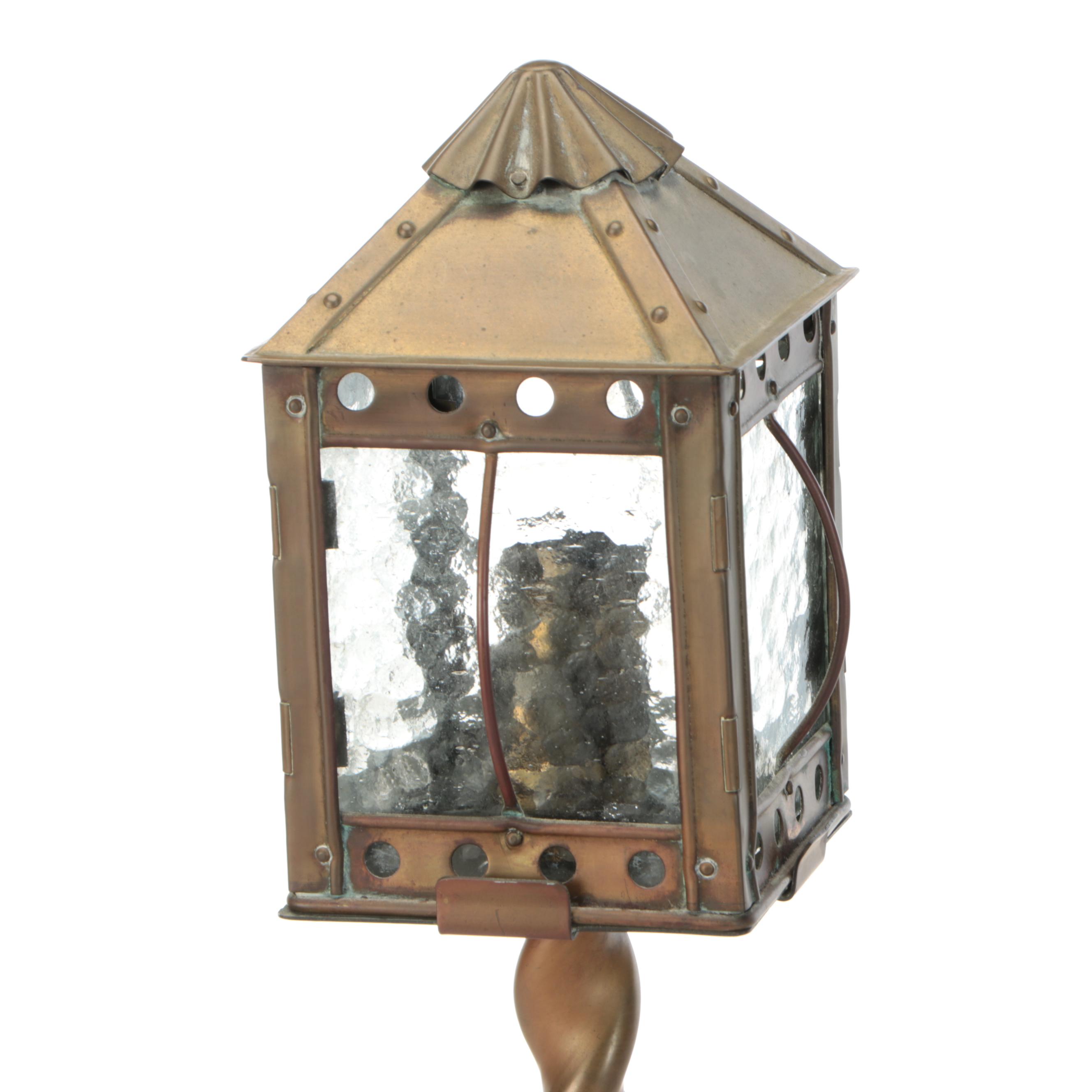 Barley Twist Brass Candlestick Lamps with Glass Lantern Shades, Vintage