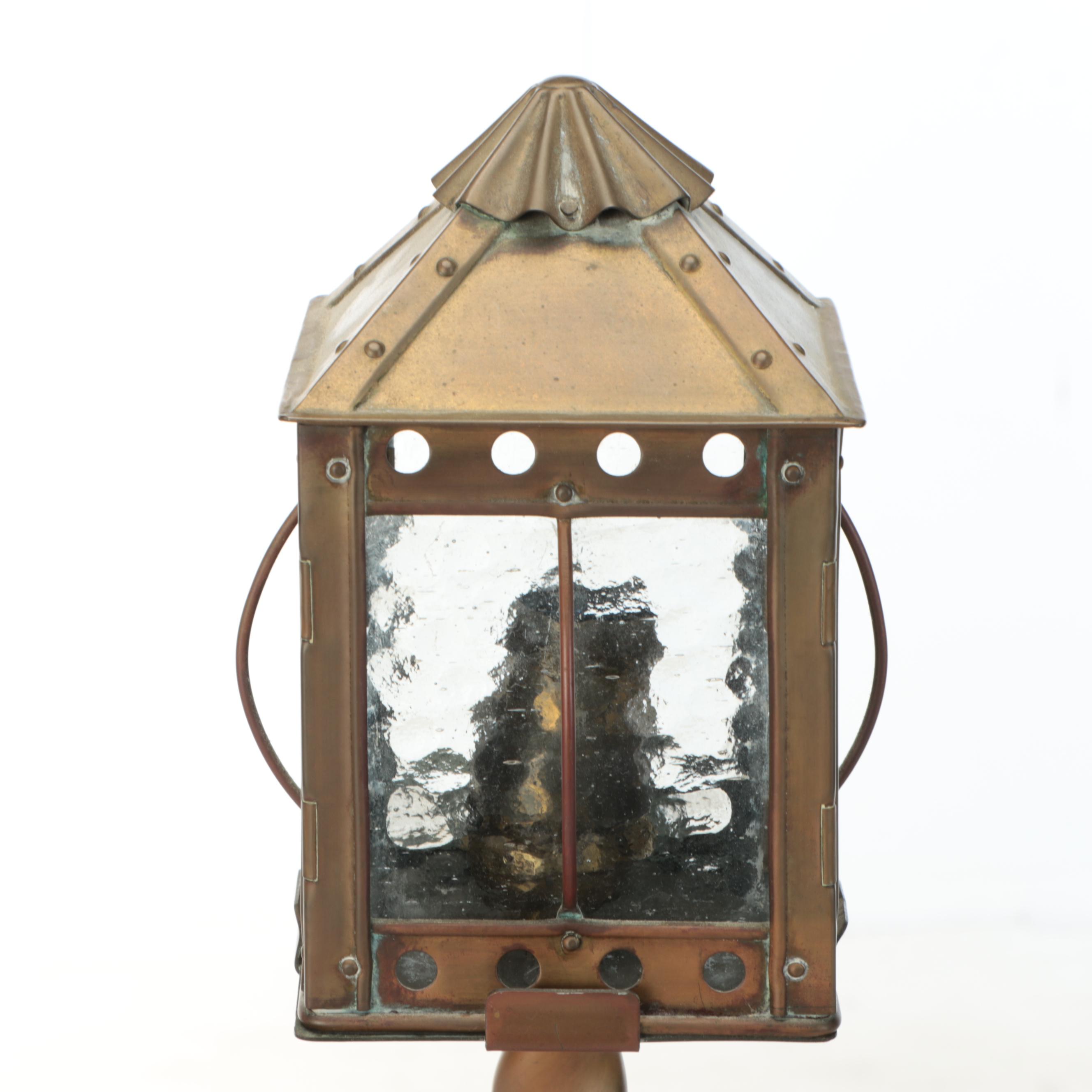 Barley Twist Brass Candlestick Lamps with Glass Lantern Shades, Vintage