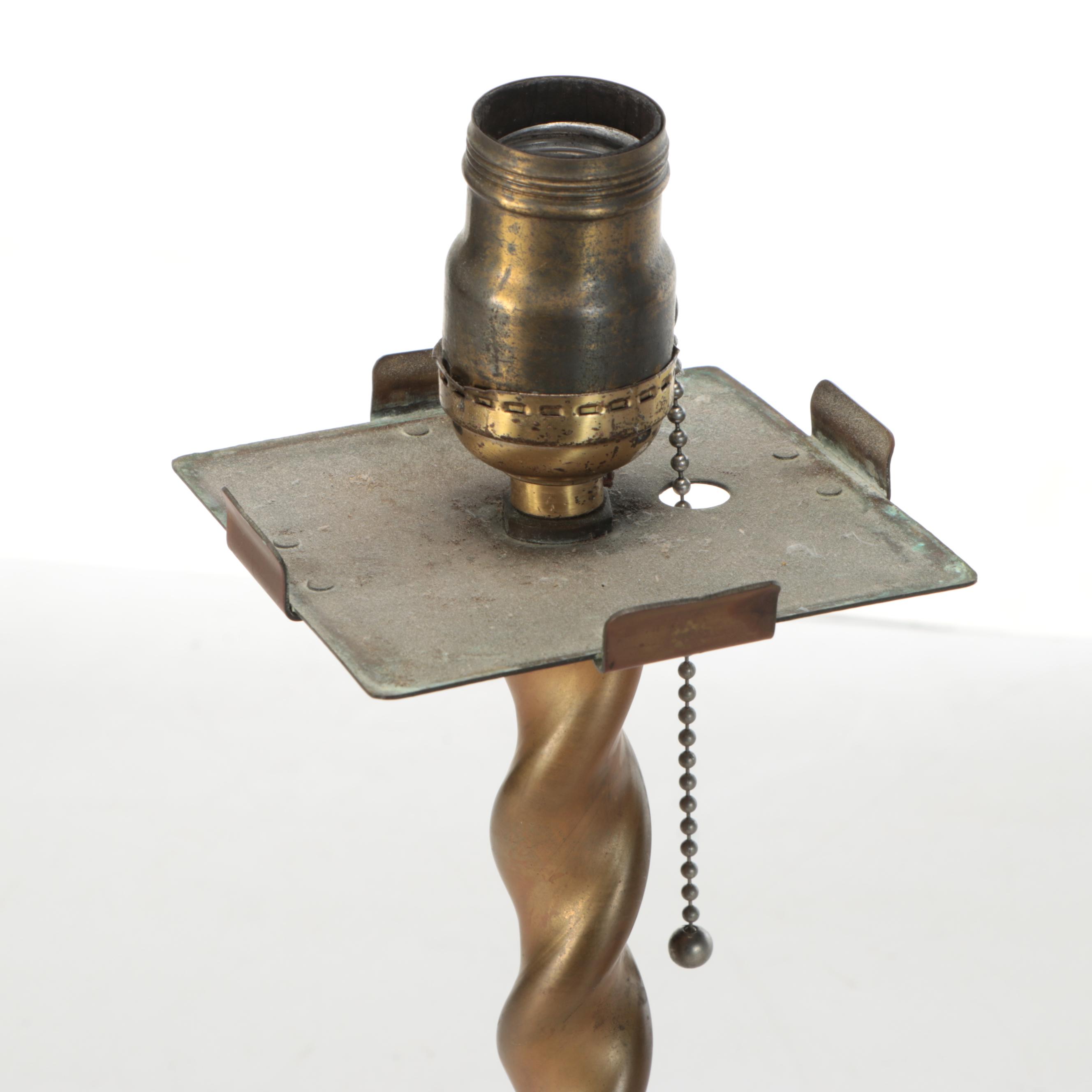 Barley Twist Brass Candlestick Lamps with Glass Lantern Shades, Vintage