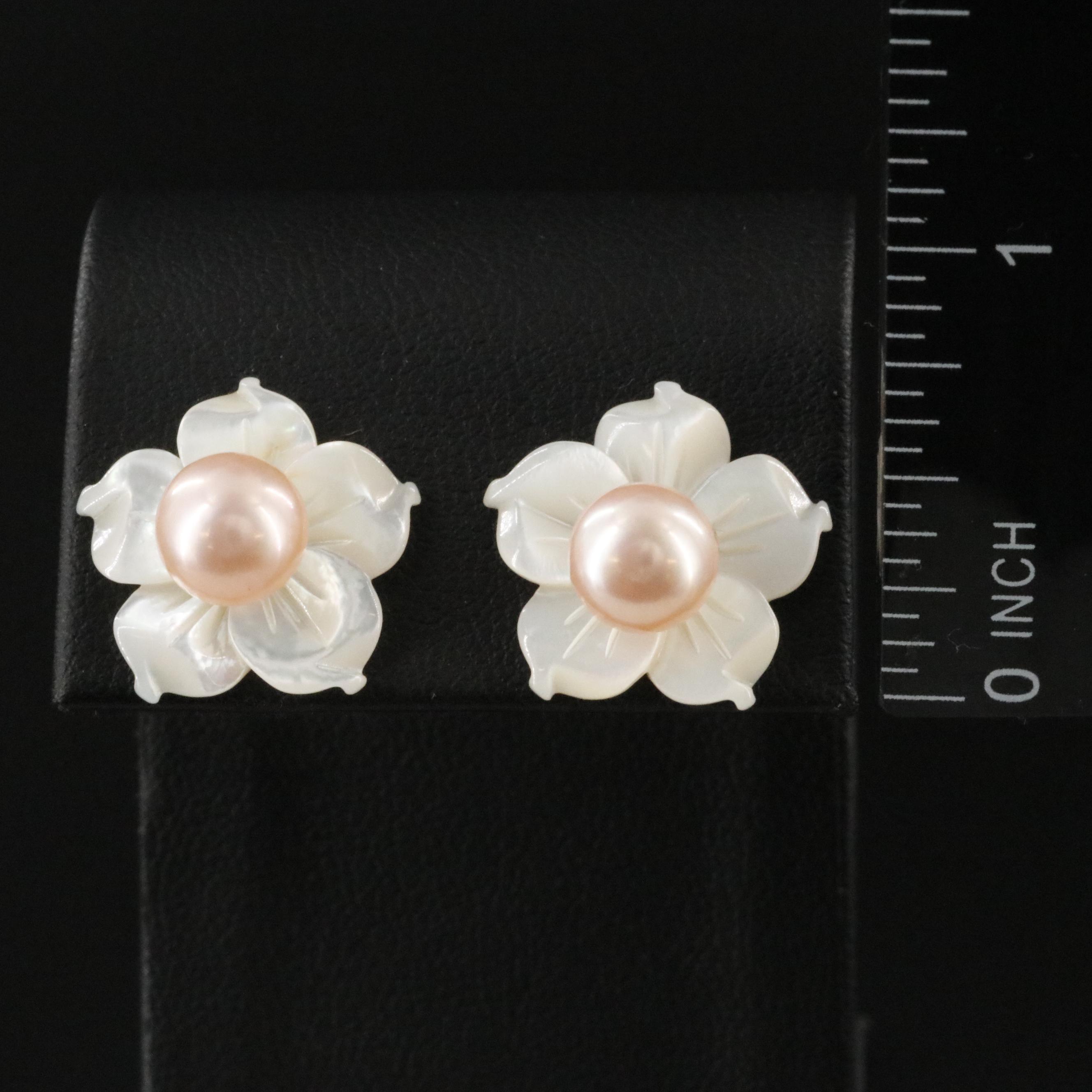 18K Pearl Studs with Mother-of-Pearl Flower Earring Enhancers