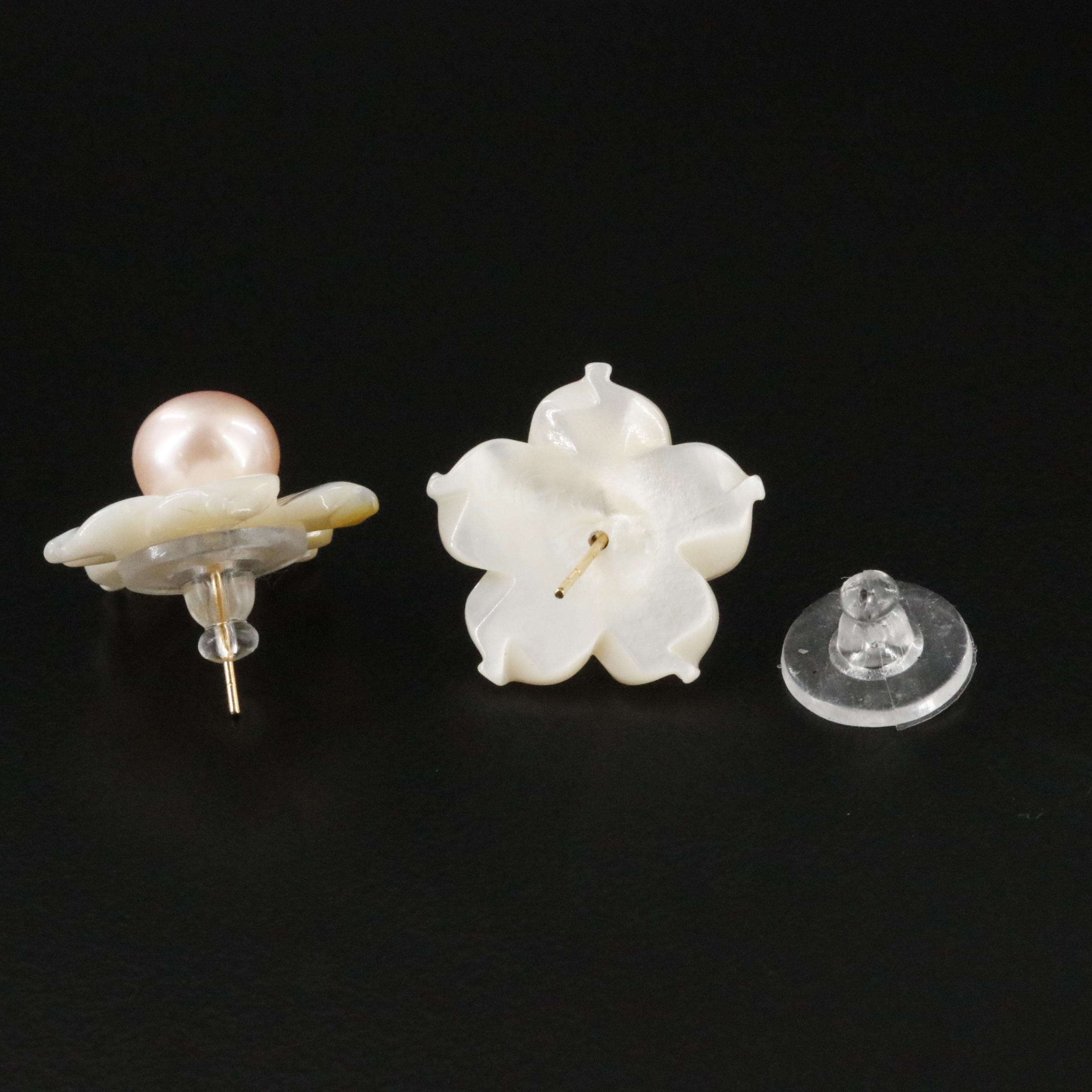 18K Pearl Studs with Mother-of-Pearl Flower Earring Enhancers