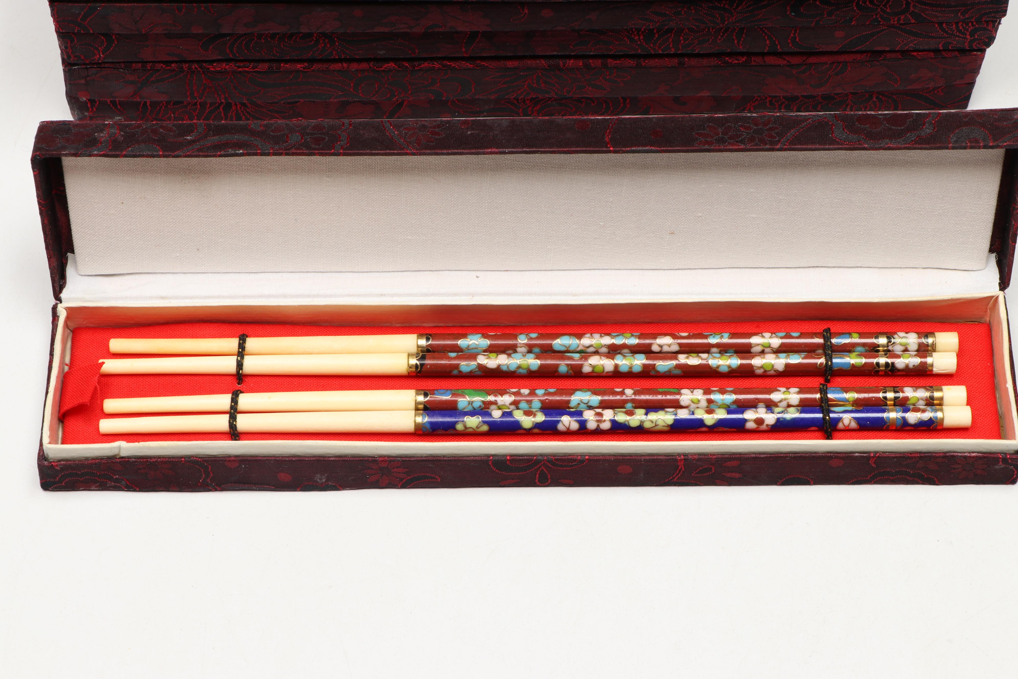 Chinese Cloisonné Napkin Rings with Chopsticks