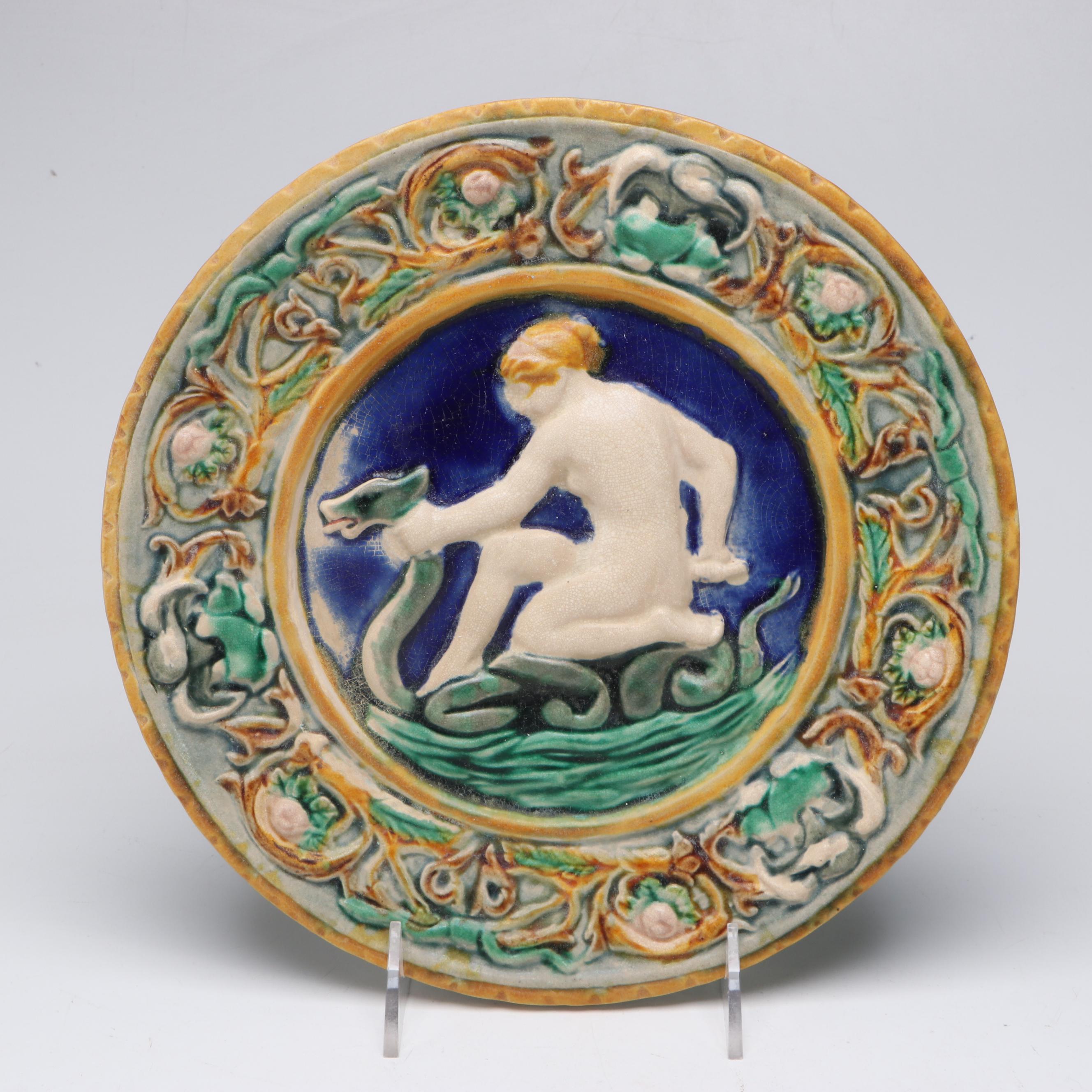 English Majolica Art Nouveau Style Myth of Thetis Cabinet  Plates