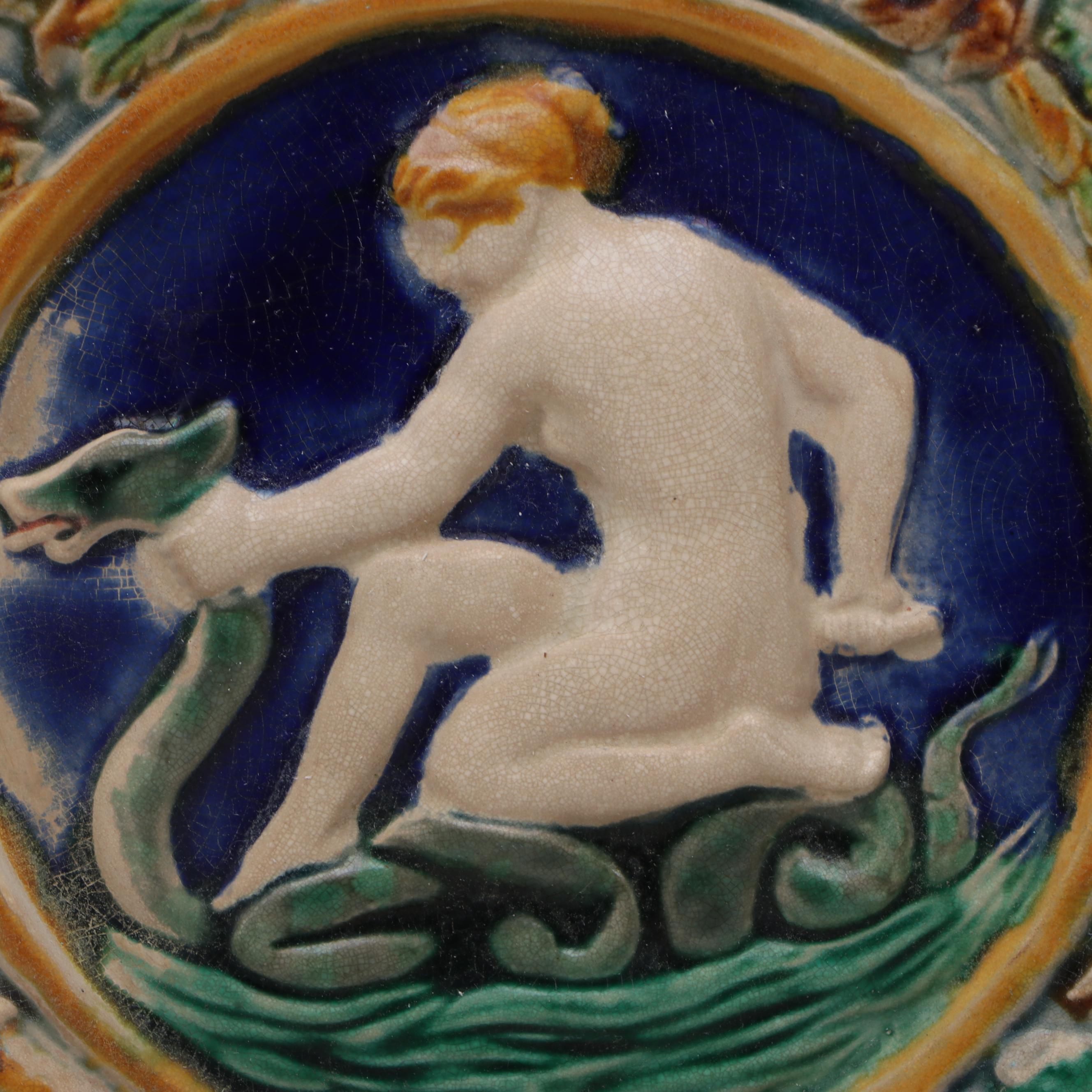 English Majolica Art Nouveau Style Myth of Thetis Cabinet  Plates