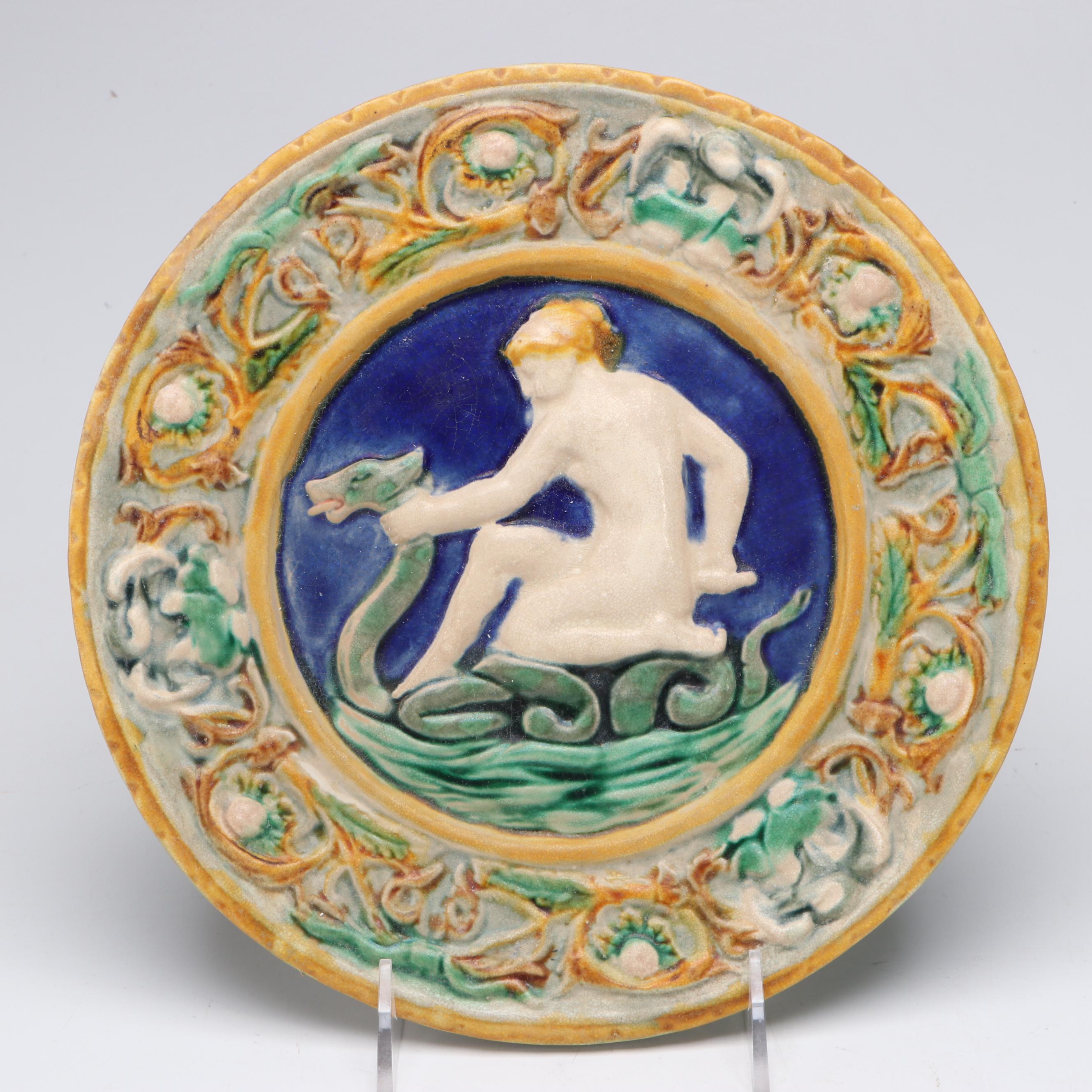 English Majolica Art Nouveau Style Myth of Thetis Cabinet  Plates