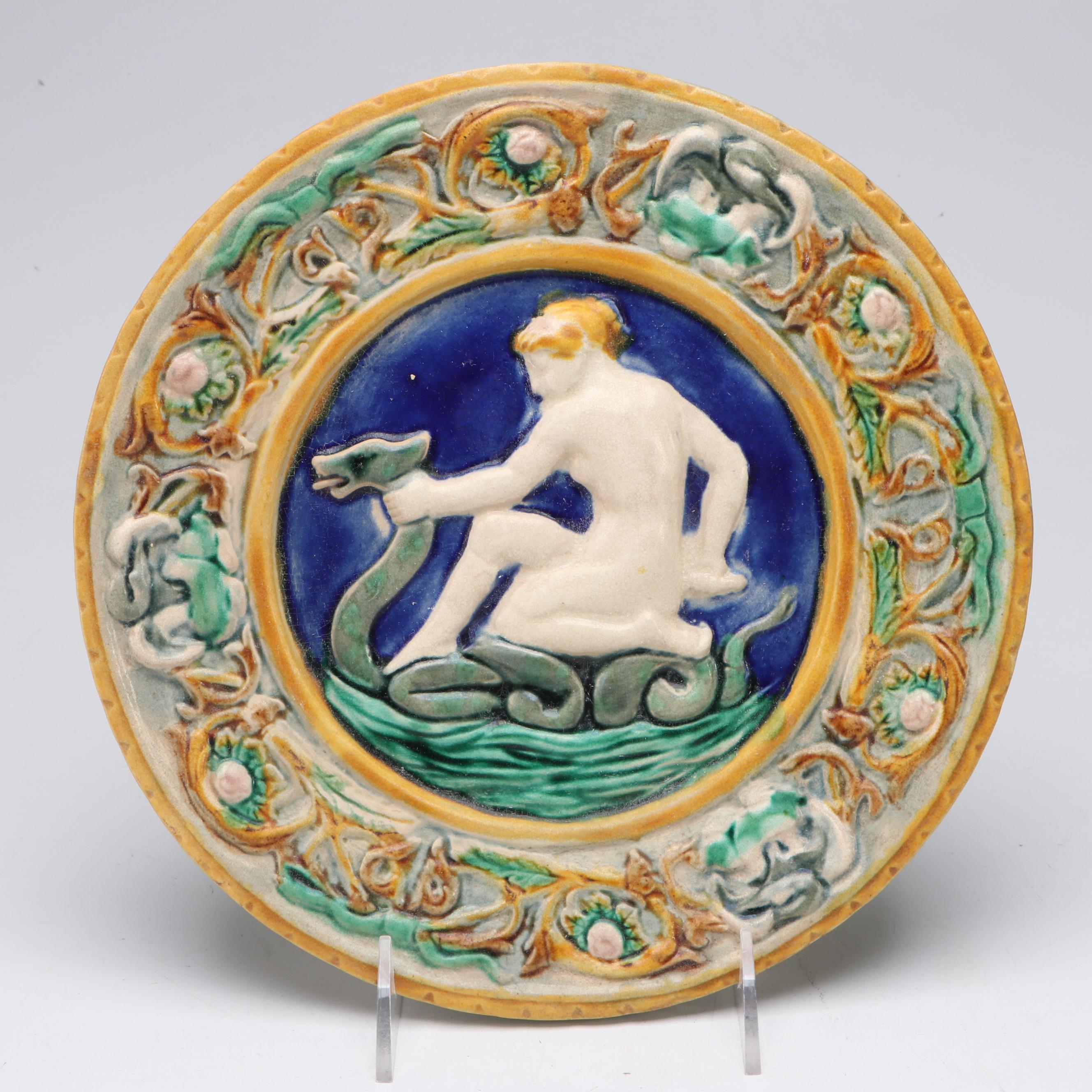 English Majolica Art Nouveau Style Myth of Thetis Cabinet  Plates