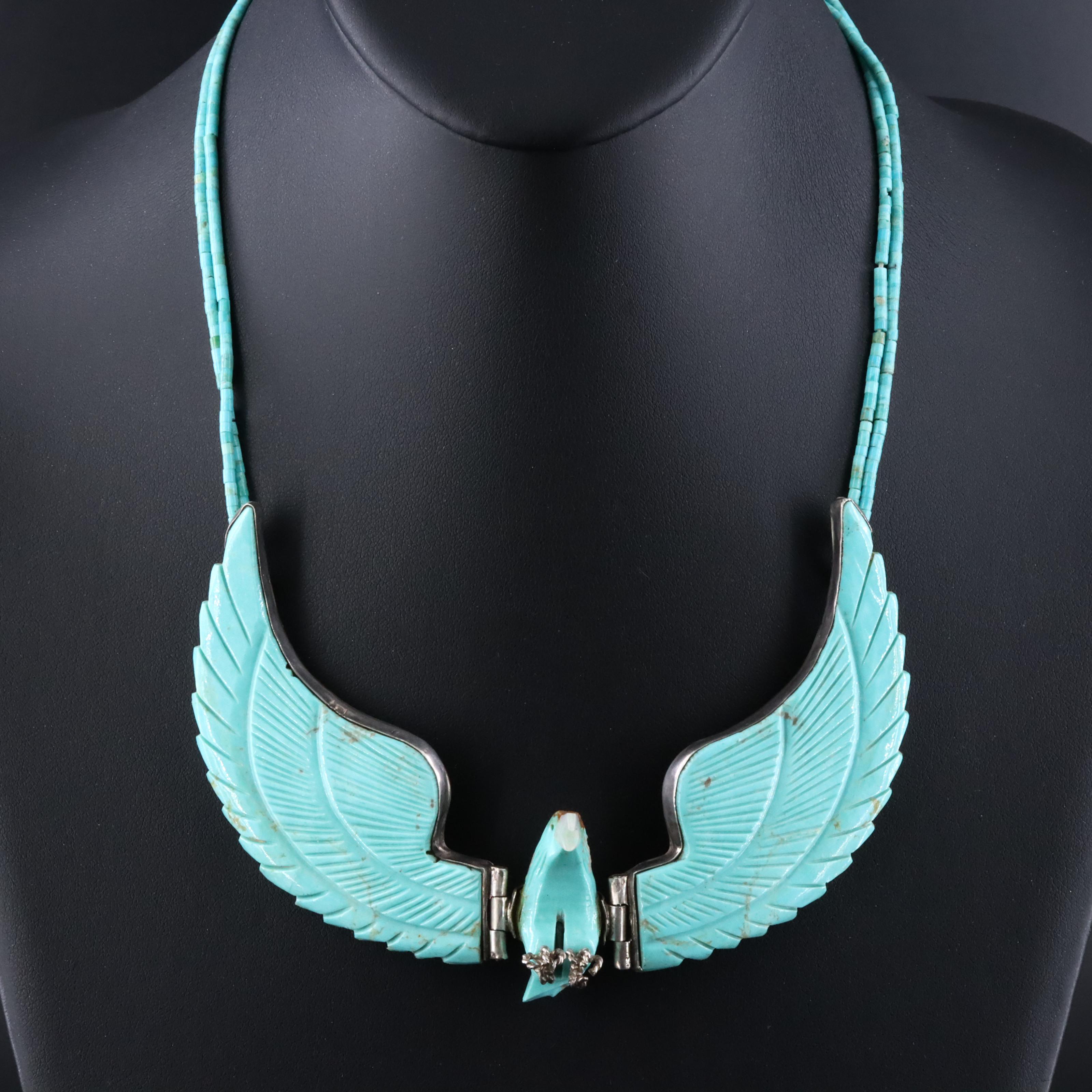 Western Sterling Turquoise and Mother-of-Pearl Carved Eagle Necklace
