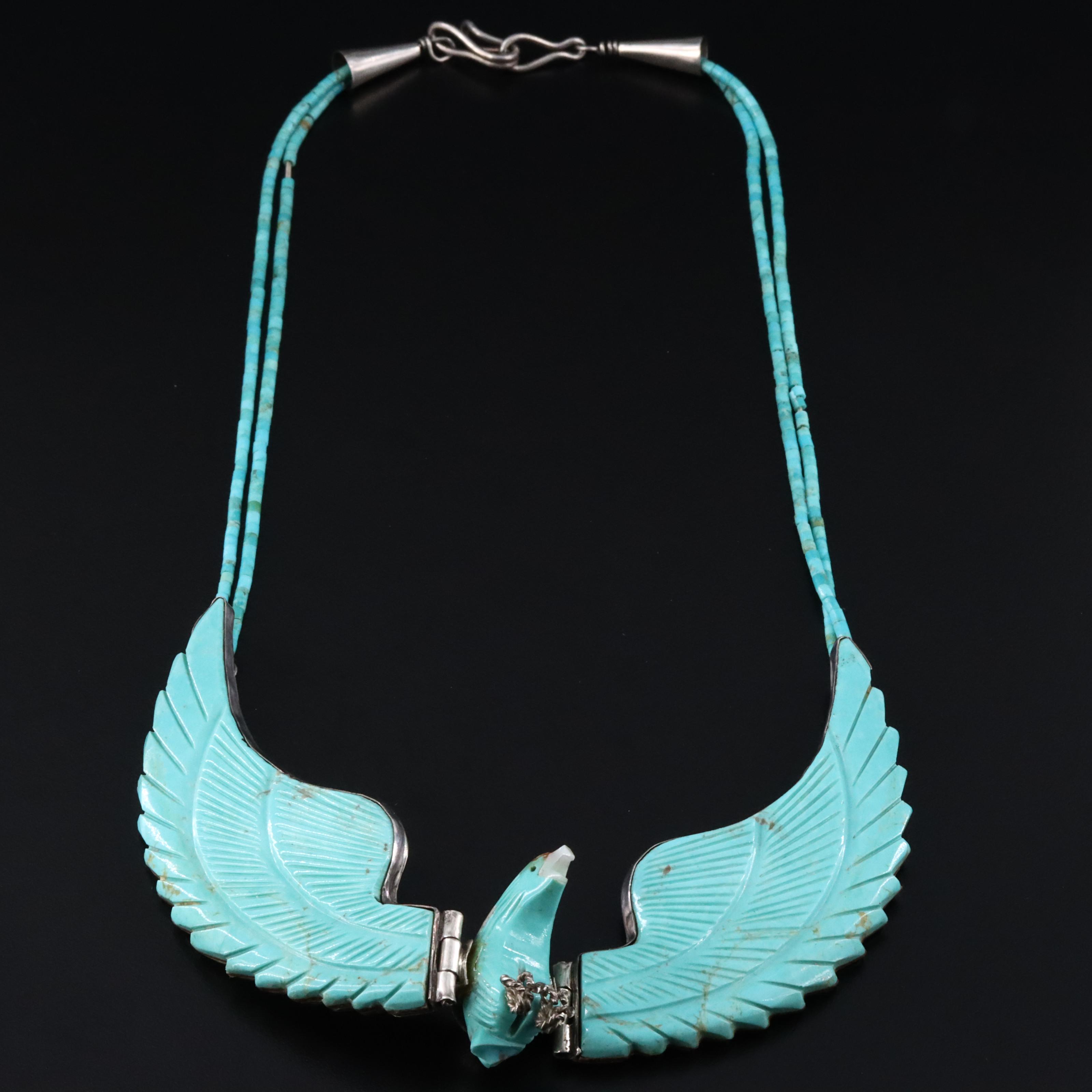 Western Sterling Turquoise and Mother-of-Pearl Carved Eagle Necklace
