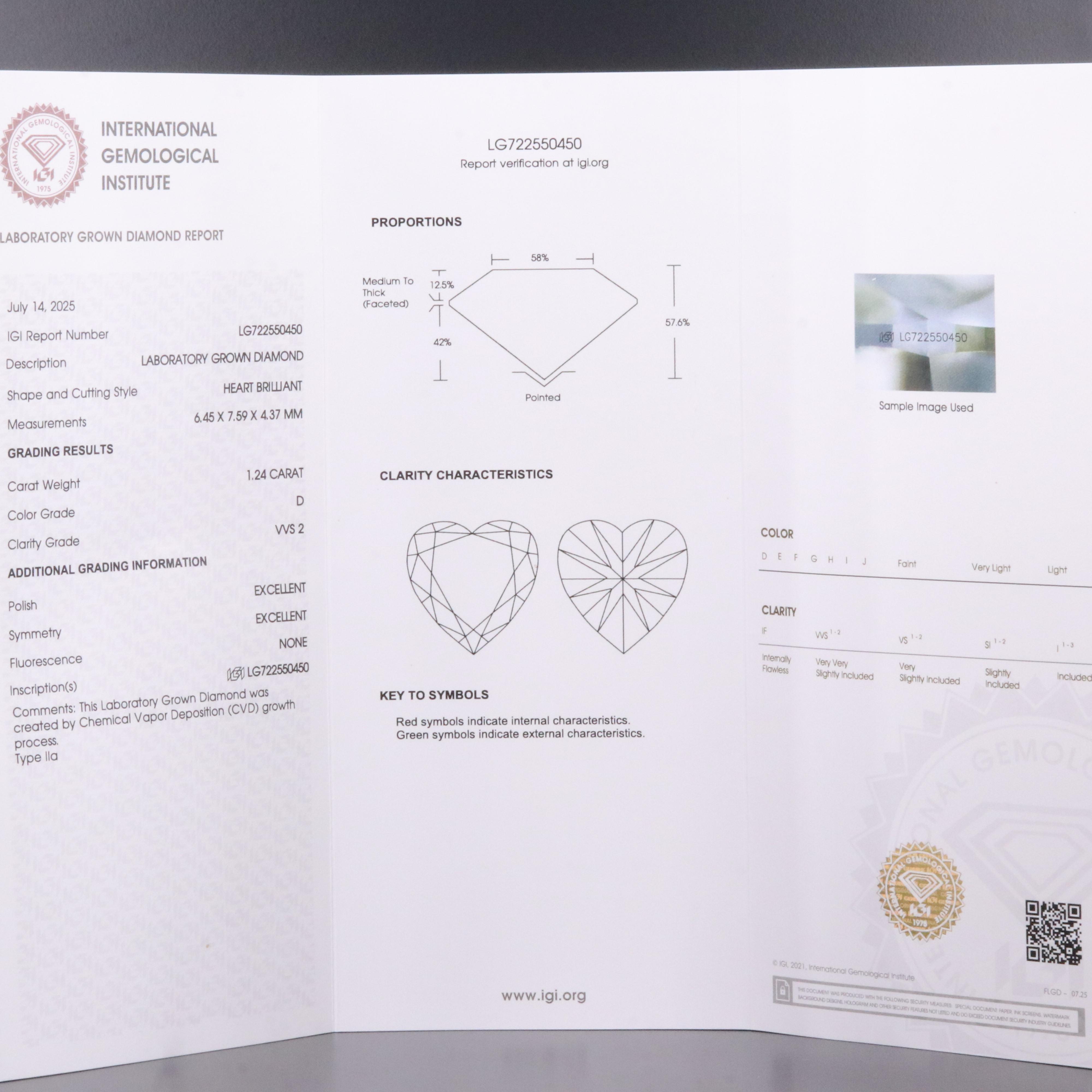 Loose 1.24 CT Lab Grown Diamond with IGI Report