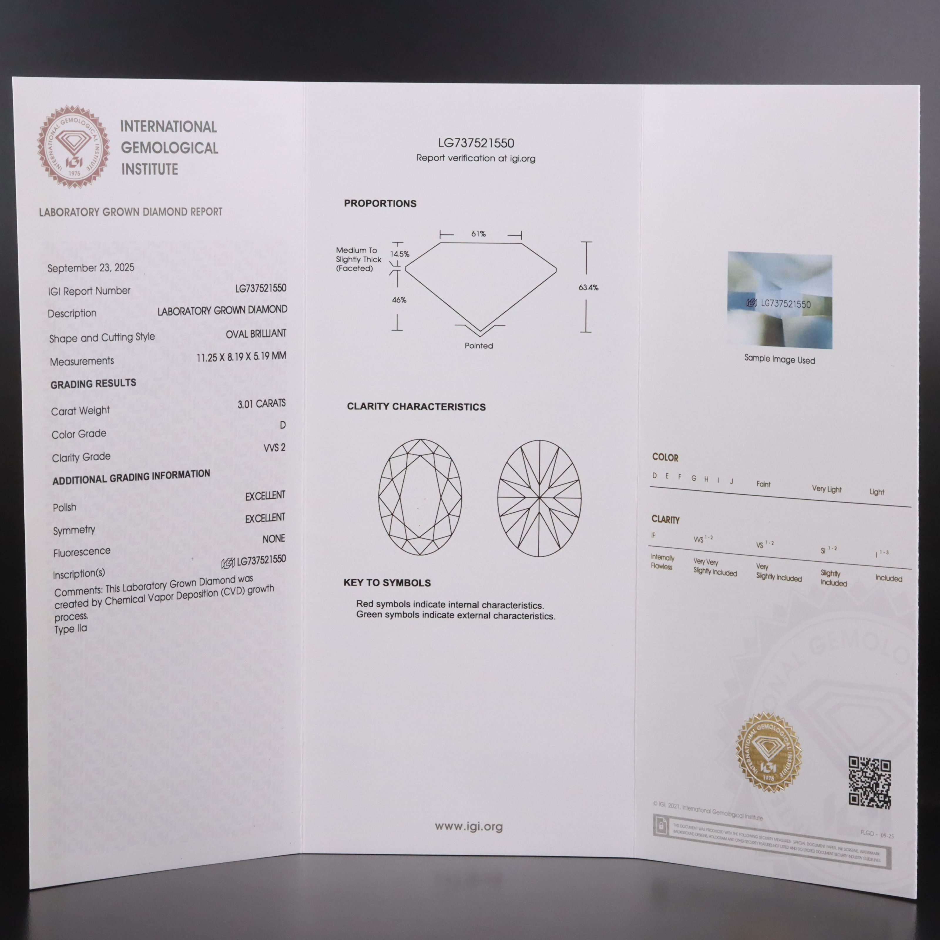 Loose 3.01 CT Lab Grown Diamond with IGI Report