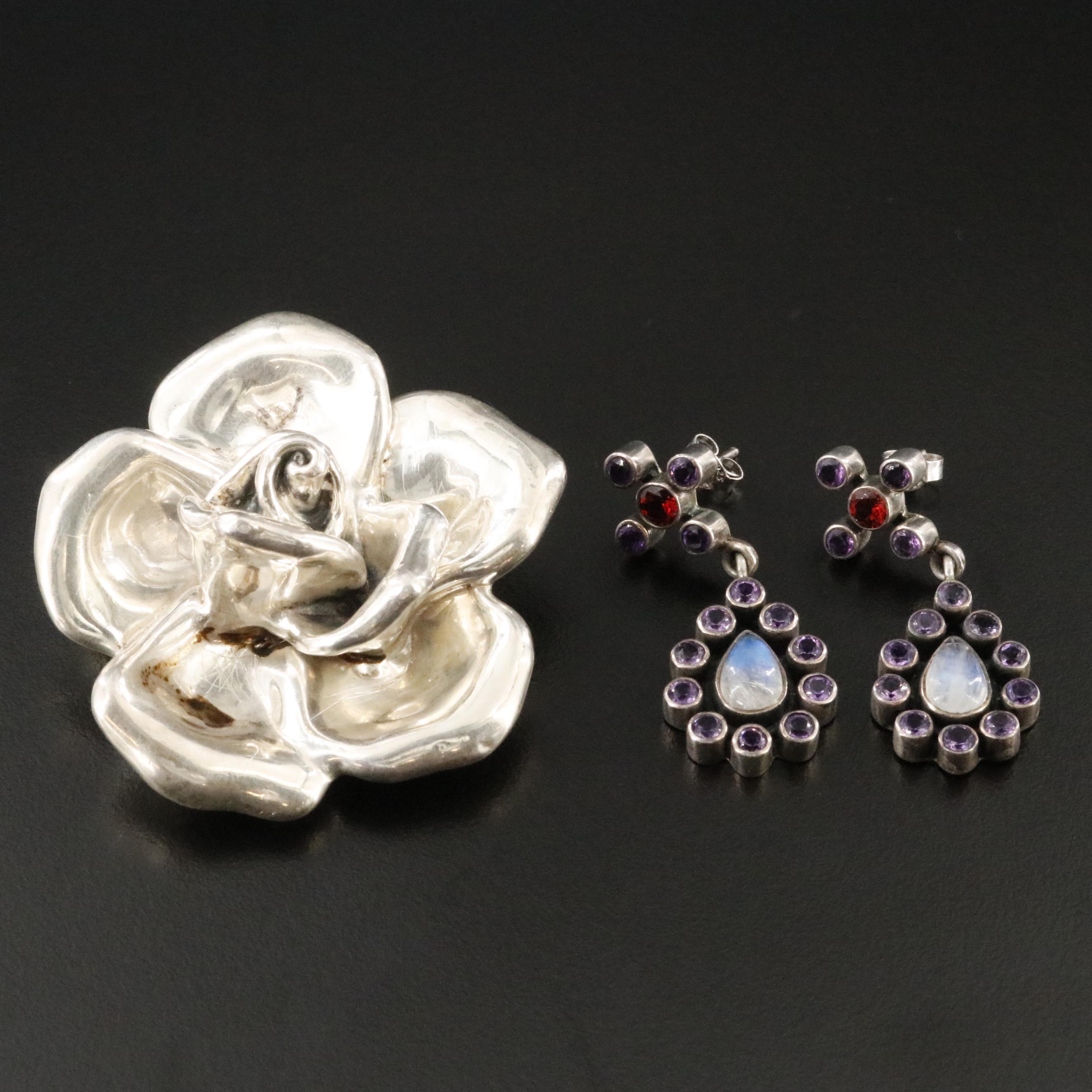 Nicky Butler Sterling Rainbow Moonstone Earrings with Bat-Ami Sterling Brooch