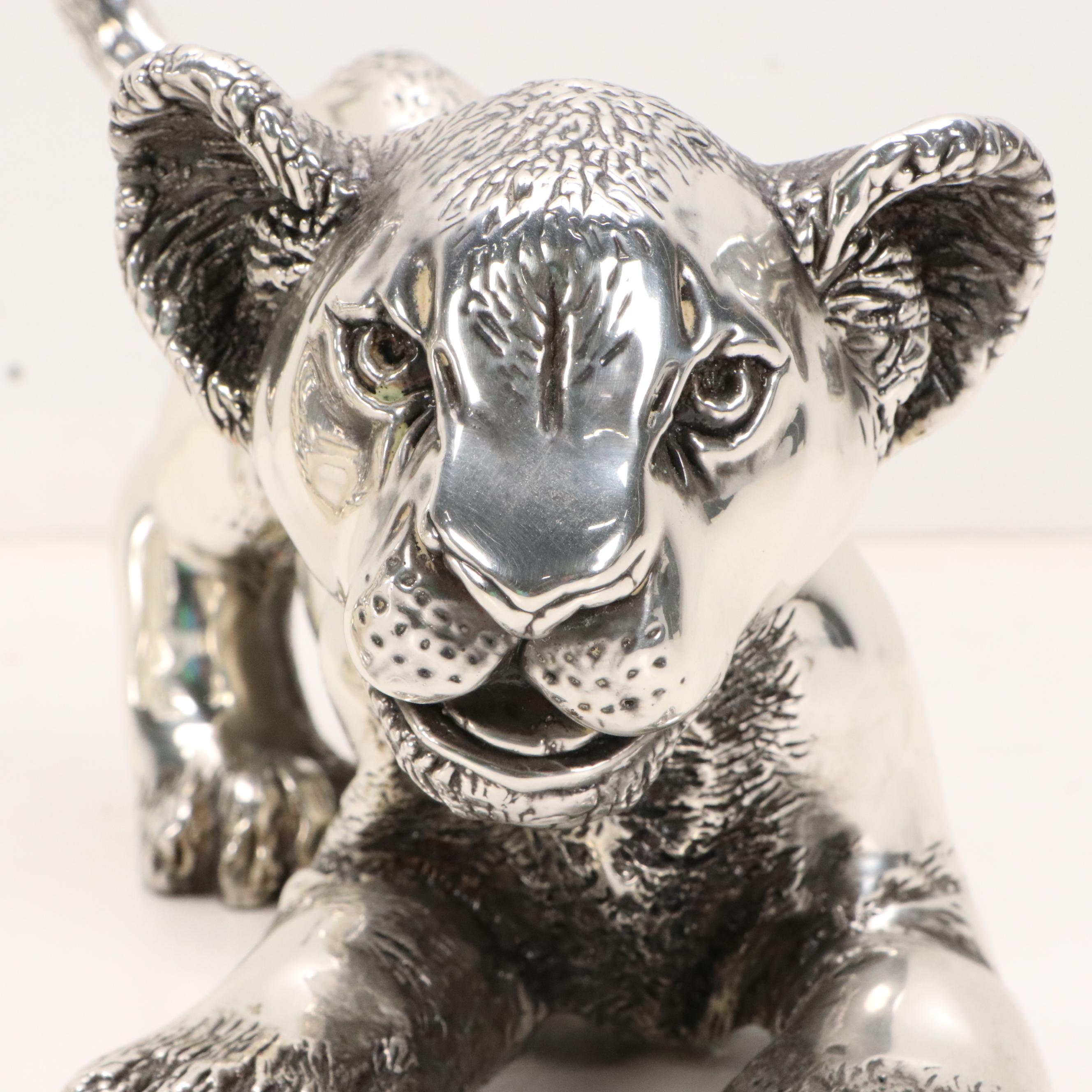 D'Argenta Silver Plated Resin Sculptures of Lion and Tiger Cubs