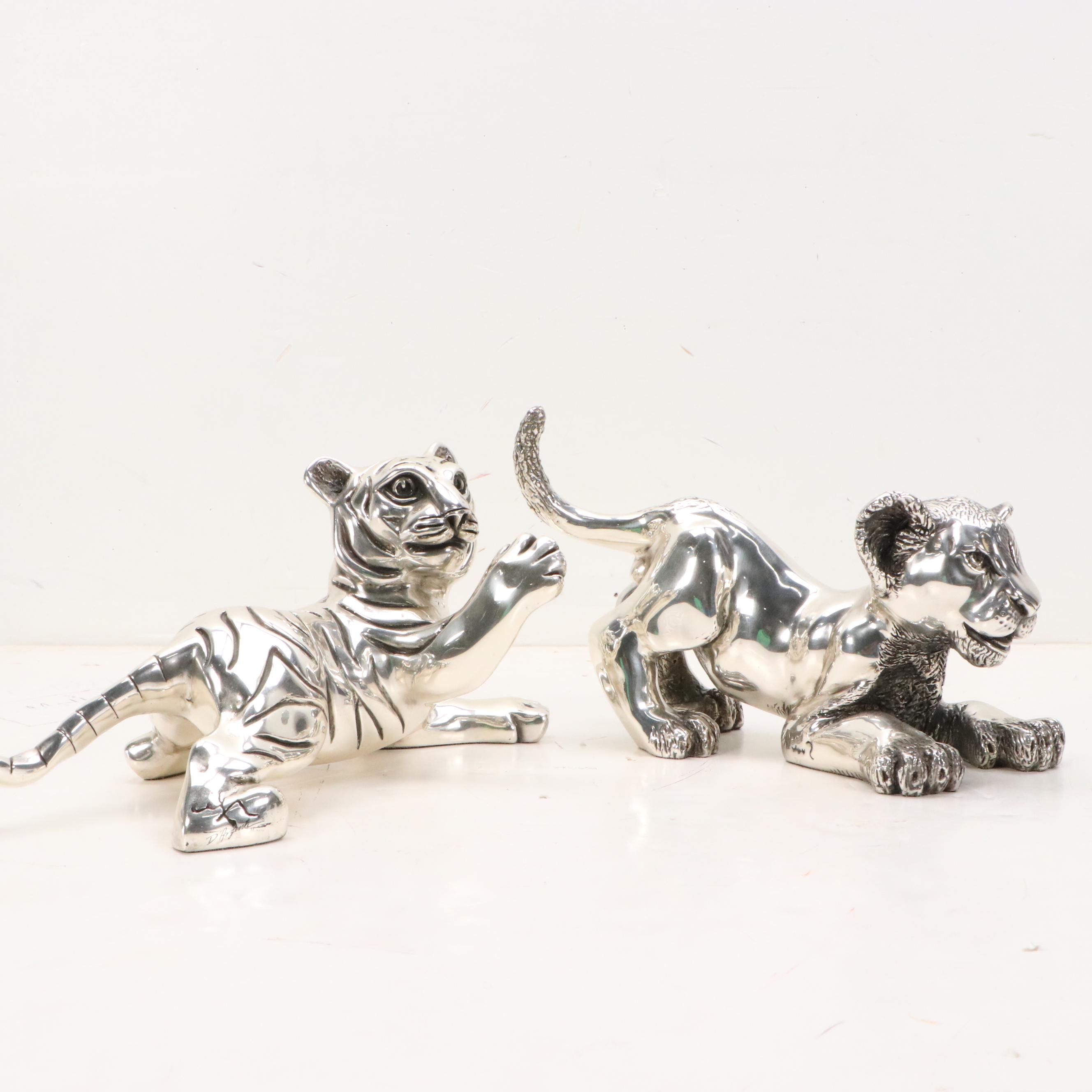 D'Argenta Silver Plated Resin Sculptures of Lion and Tiger Cubs