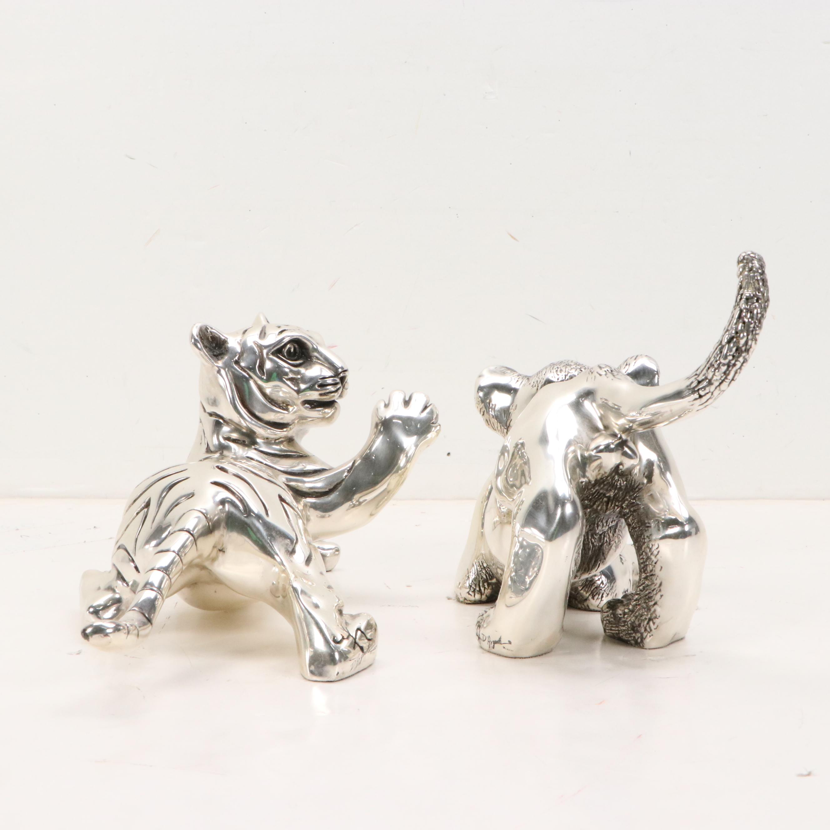 D'Argenta Silver Plated Resin Sculptures of Lion and Tiger Cubs