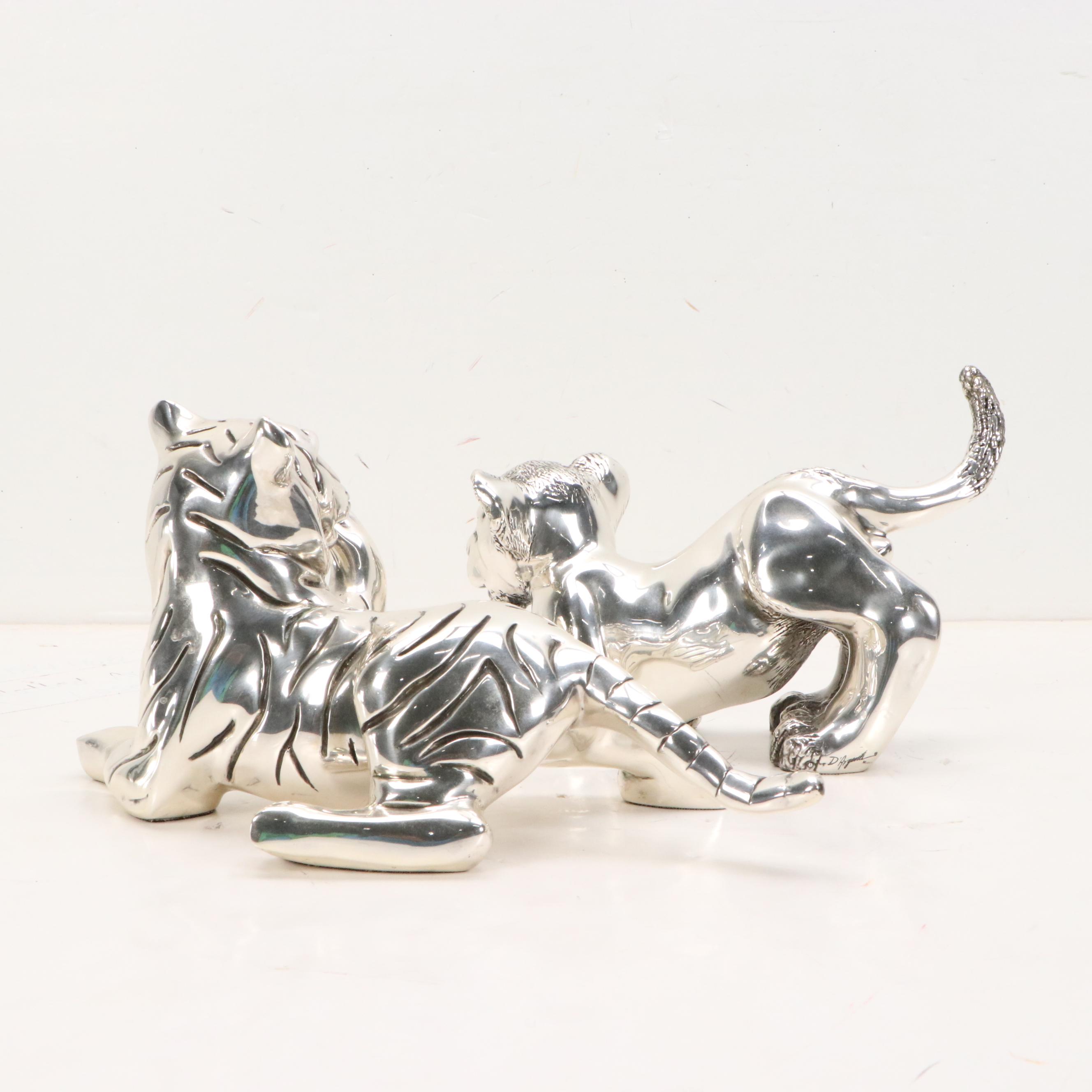 D'Argenta Silver Plated Resin Sculptures of Lion and Tiger Cubs