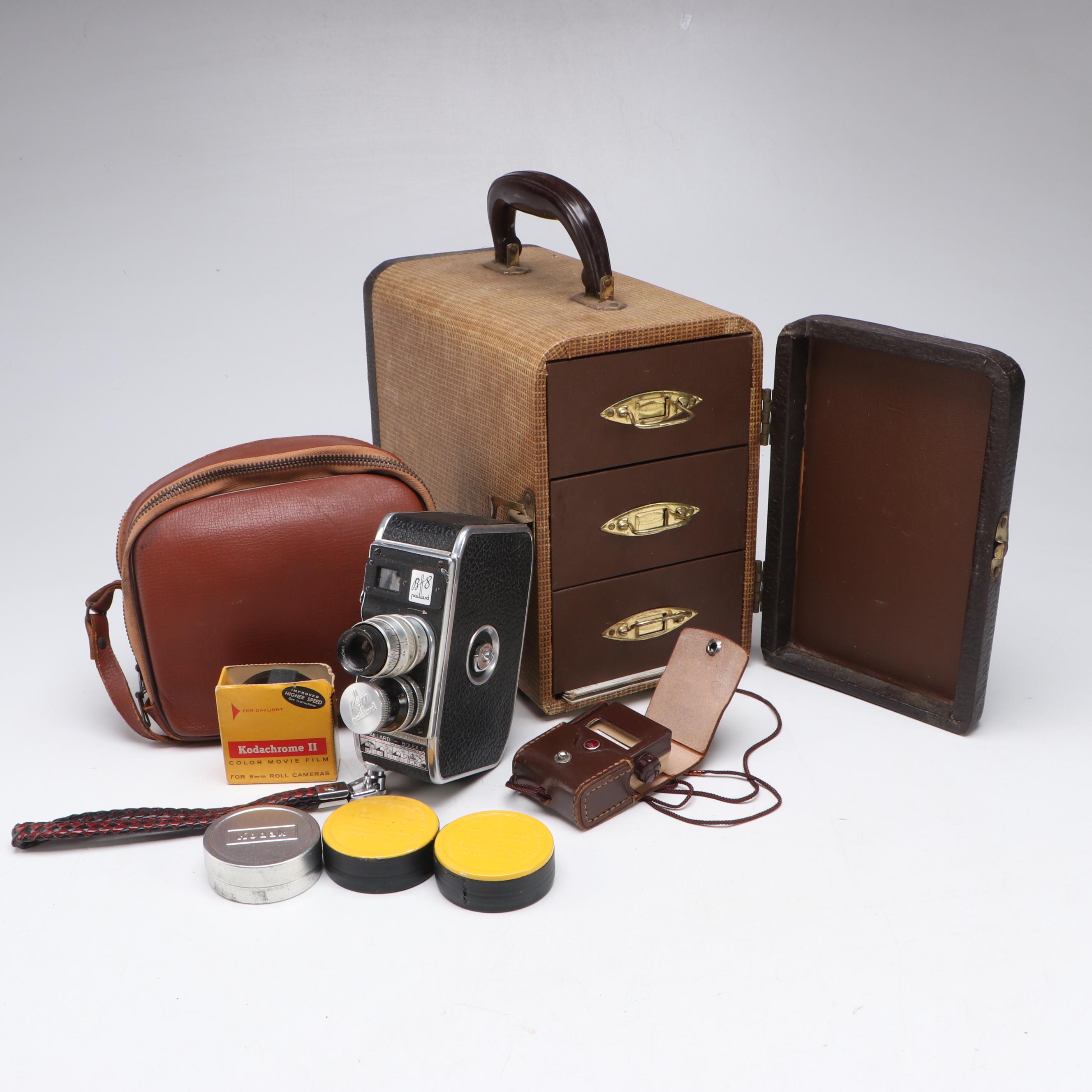 Bolex Paillard E8 Swiss 8mm Movie Camera with Vintage Slide Film Storage Case