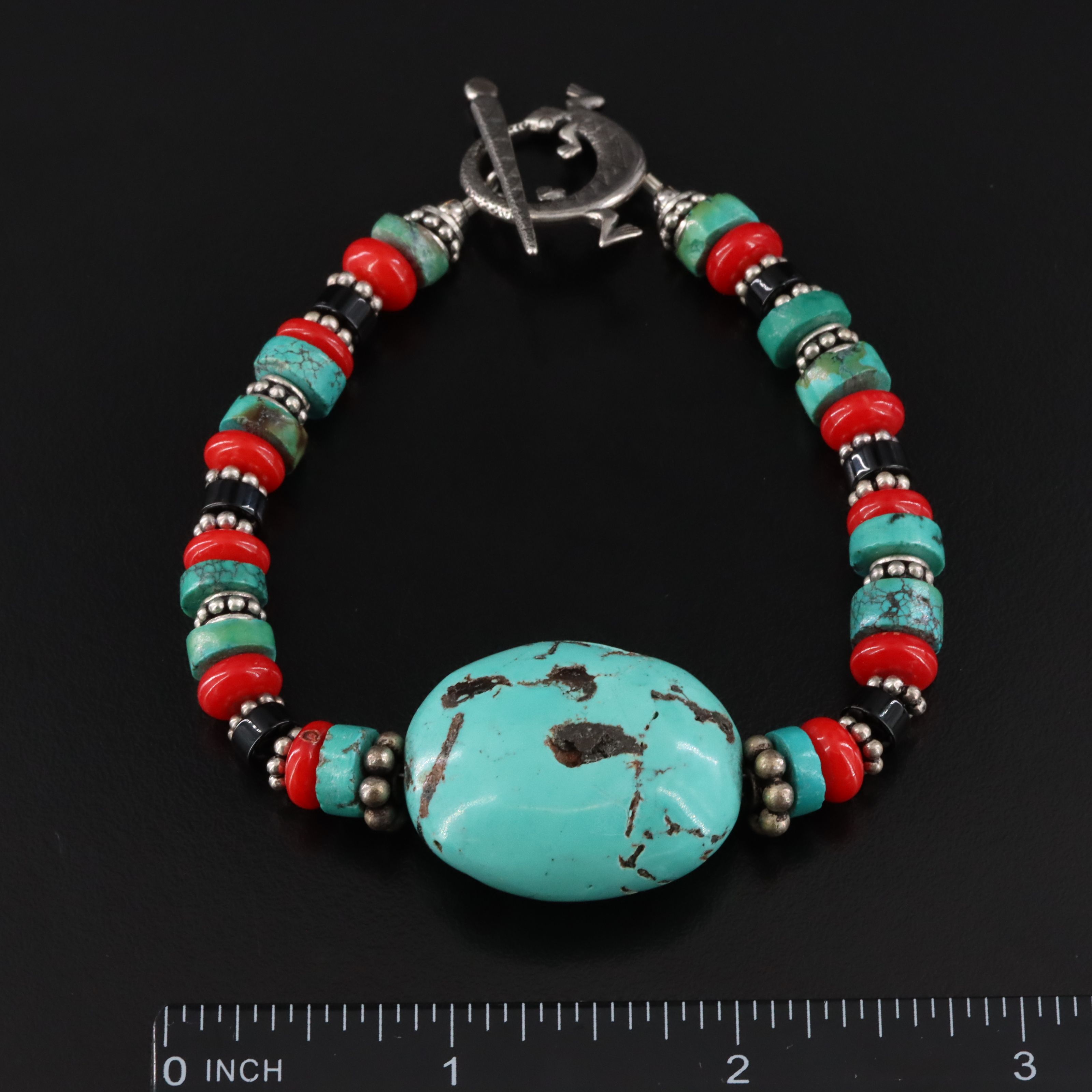Southwestern Sterling Turquoise, Coral and Black Onyx Bracelet