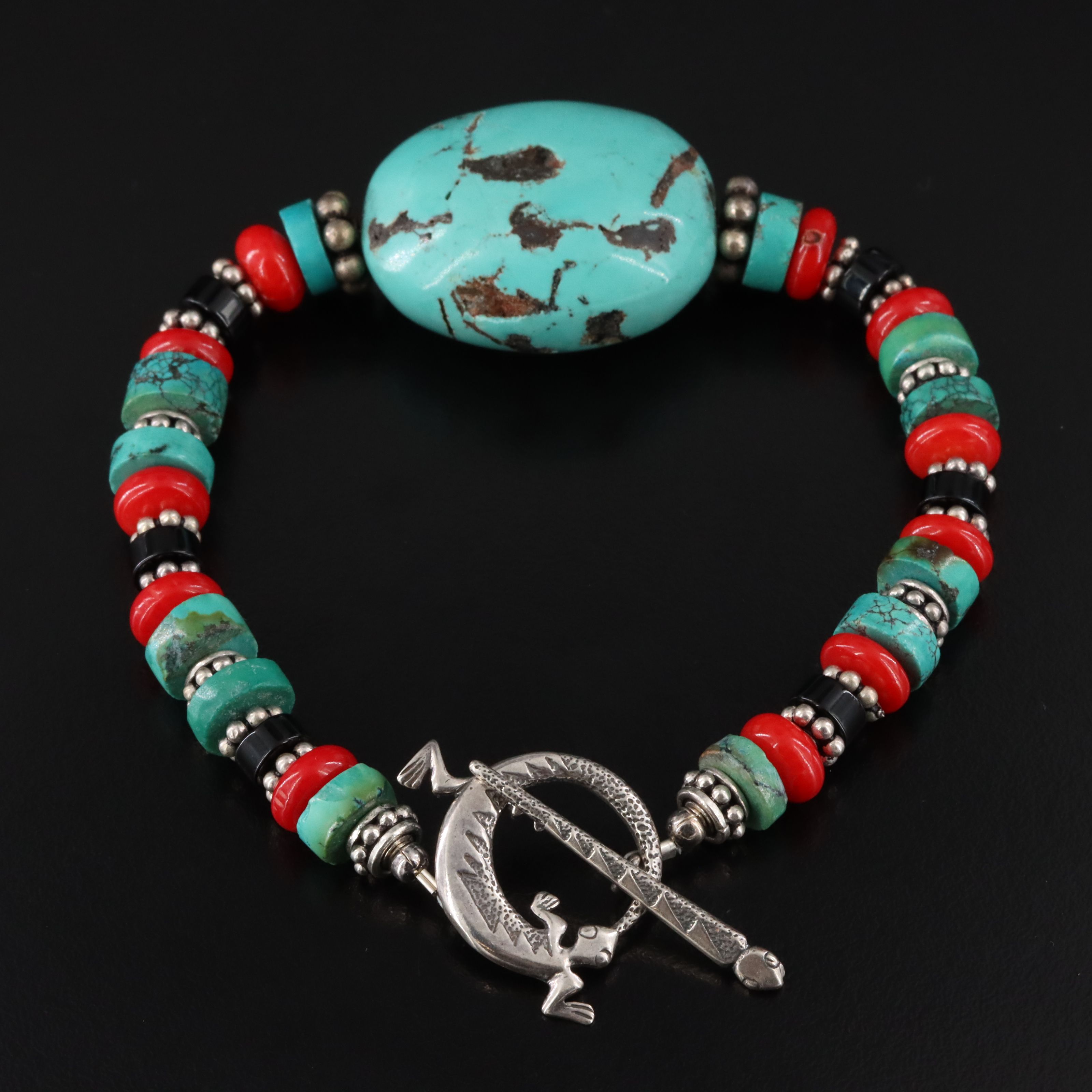 Southwestern Sterling Turquoise, Coral and Black Onyx Bracelet