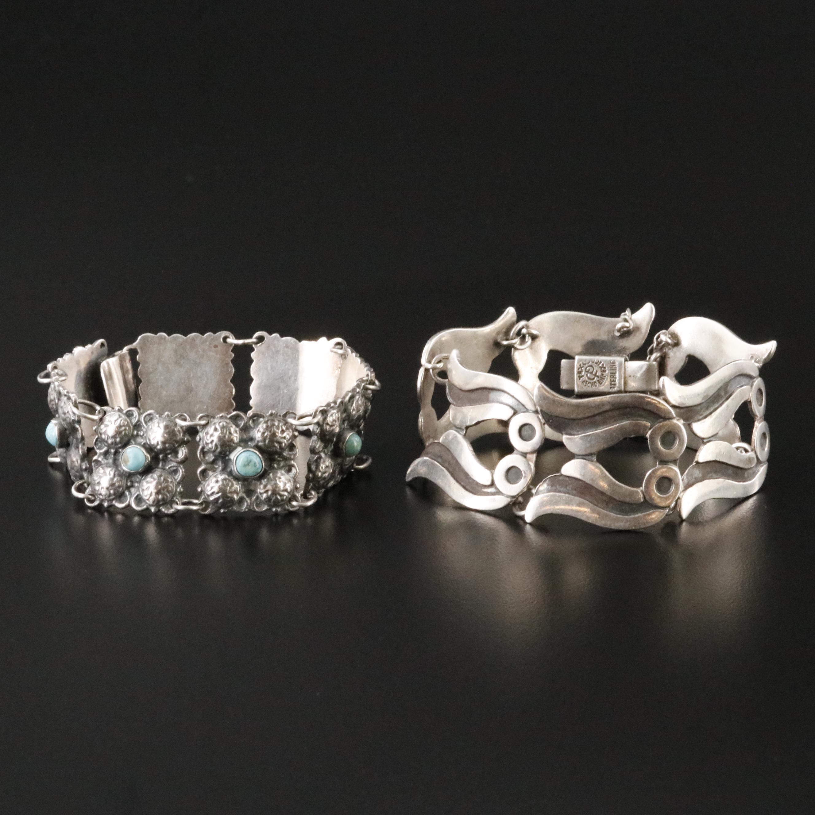 Vintage Sterling Turquoise and Taxco Mexican Modernist Panel Bracelets