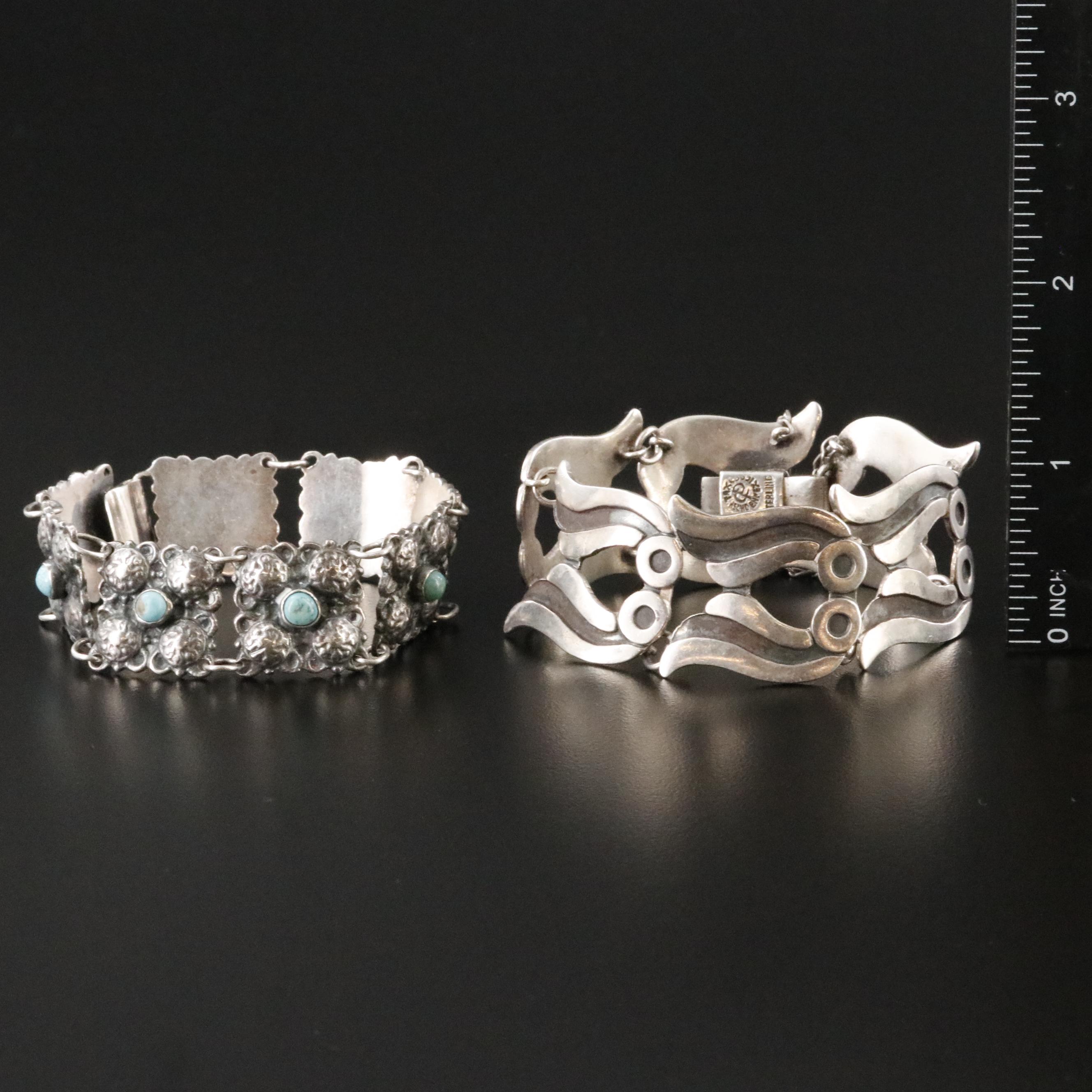Vintage Sterling Turquoise and Taxco Mexican Modernist Panel Bracelets