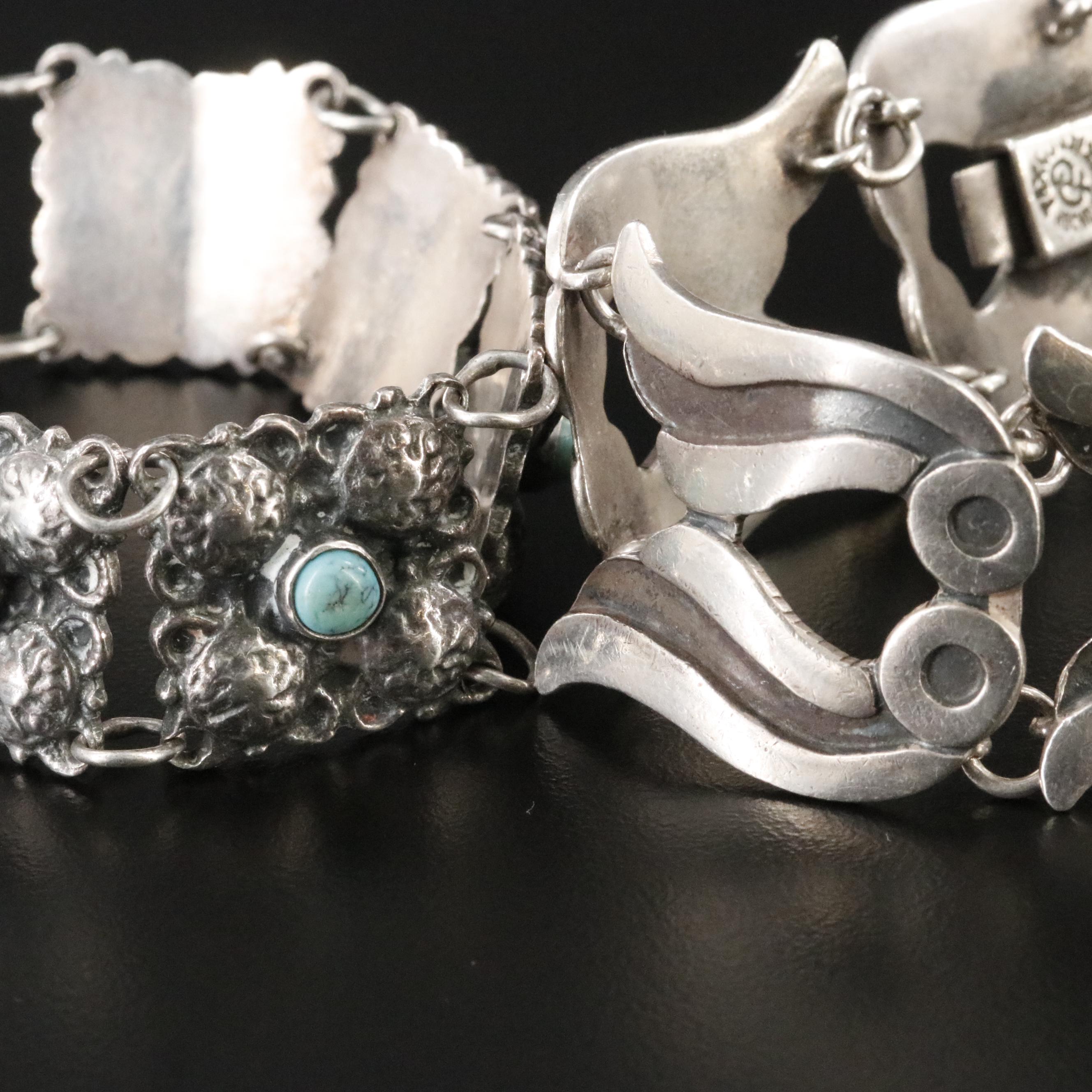 Vintage Sterling Turquoise and Taxco Mexican Modernist Panel Bracelets
