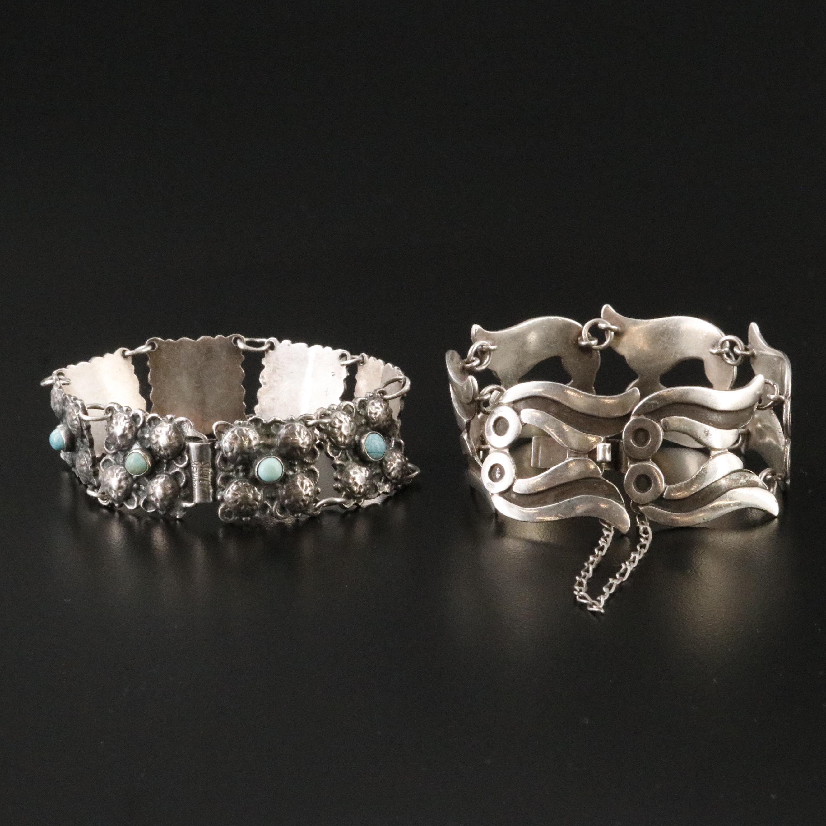 Vintage Sterling Turquoise and Taxco Mexican Modernist Panel Bracelets
