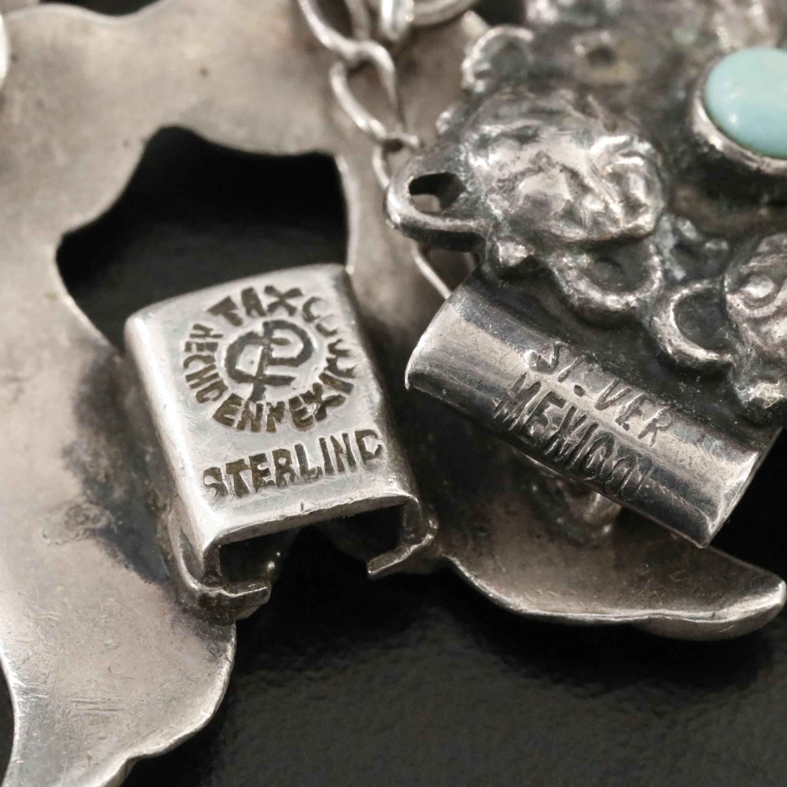 Vintage Sterling Turquoise and Taxco Mexican Modernist Panel Bracelets