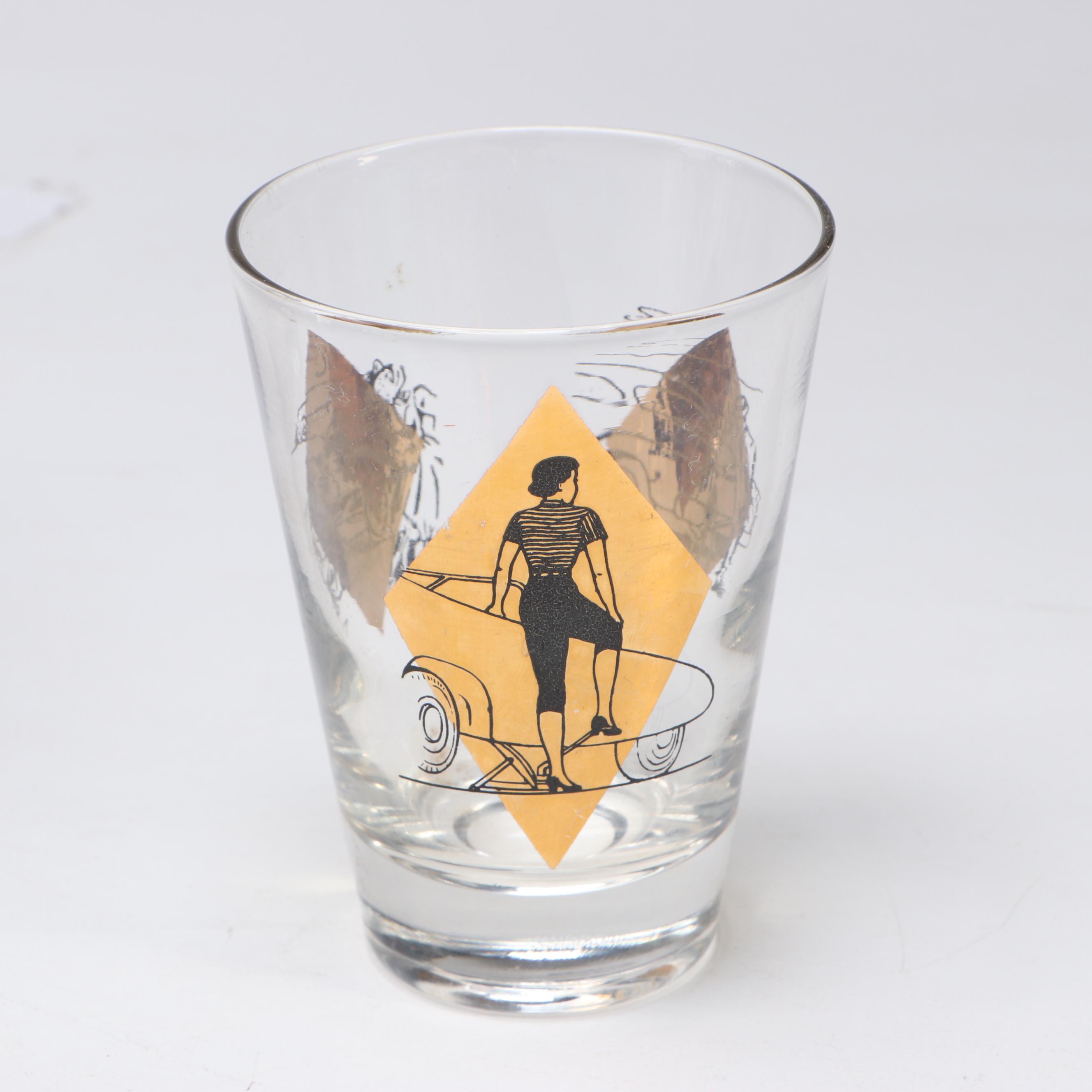 Mid Century Modern Style Black and Gold Car-Themed Pitcher and Cocktail Glasses