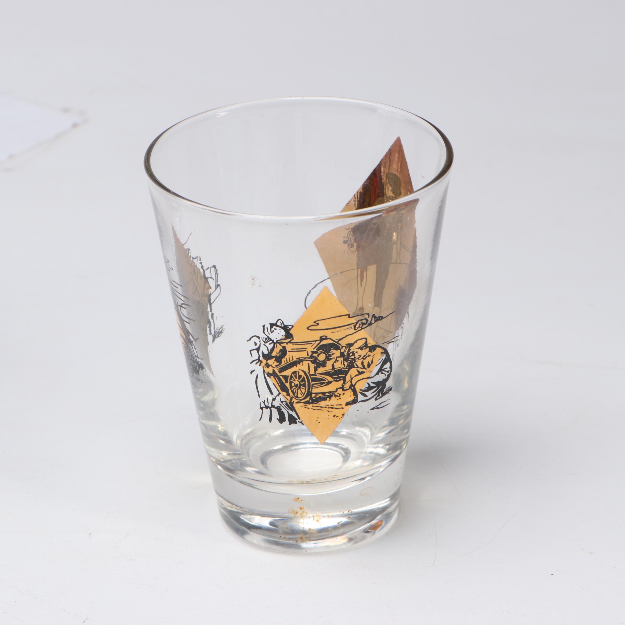 Mid Century Modern Style Black and Gold Car-Themed Pitcher and Cocktail Glasses