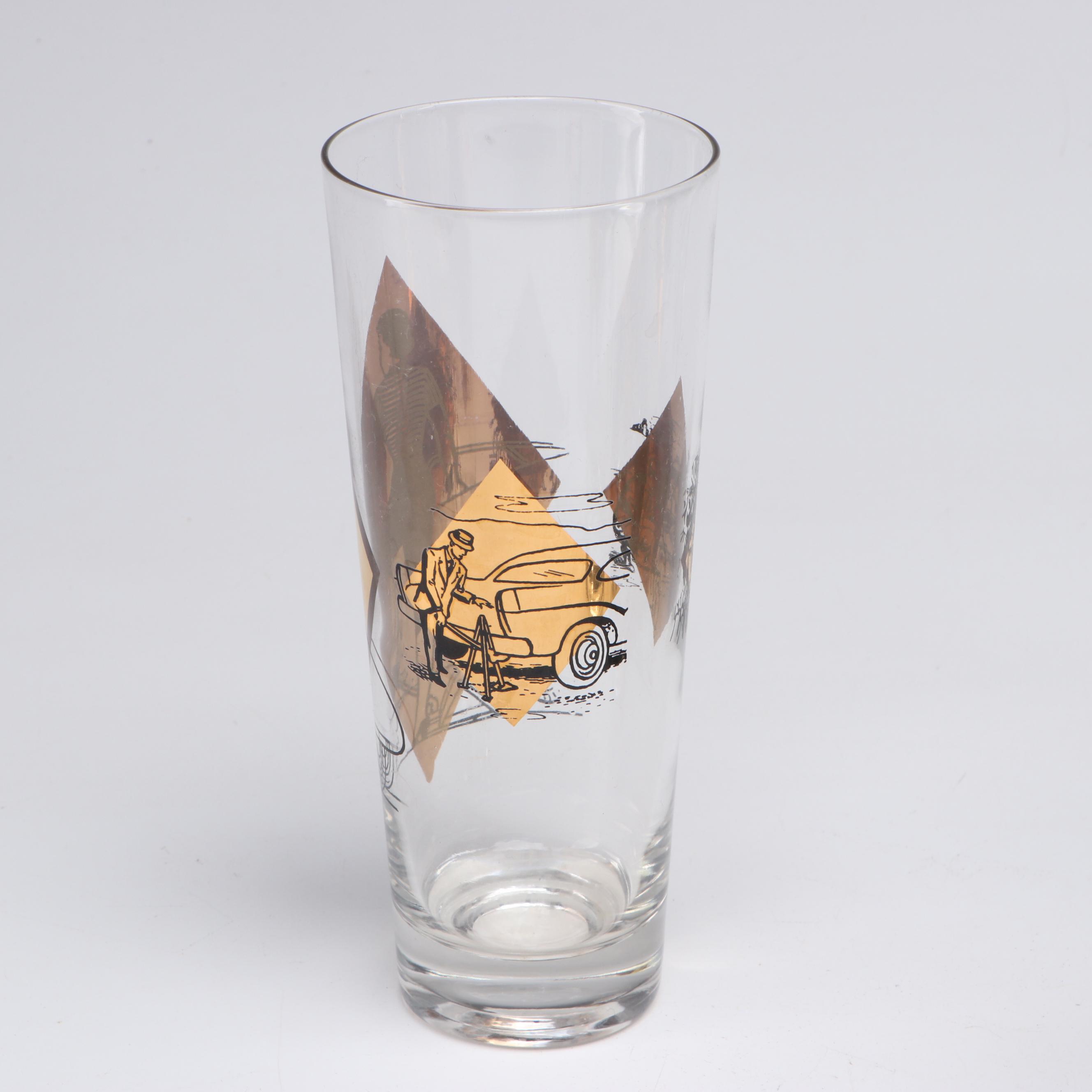 Mid Century Modern Style Black and Gold Car-Themed Pitcher and Cocktail Glasses