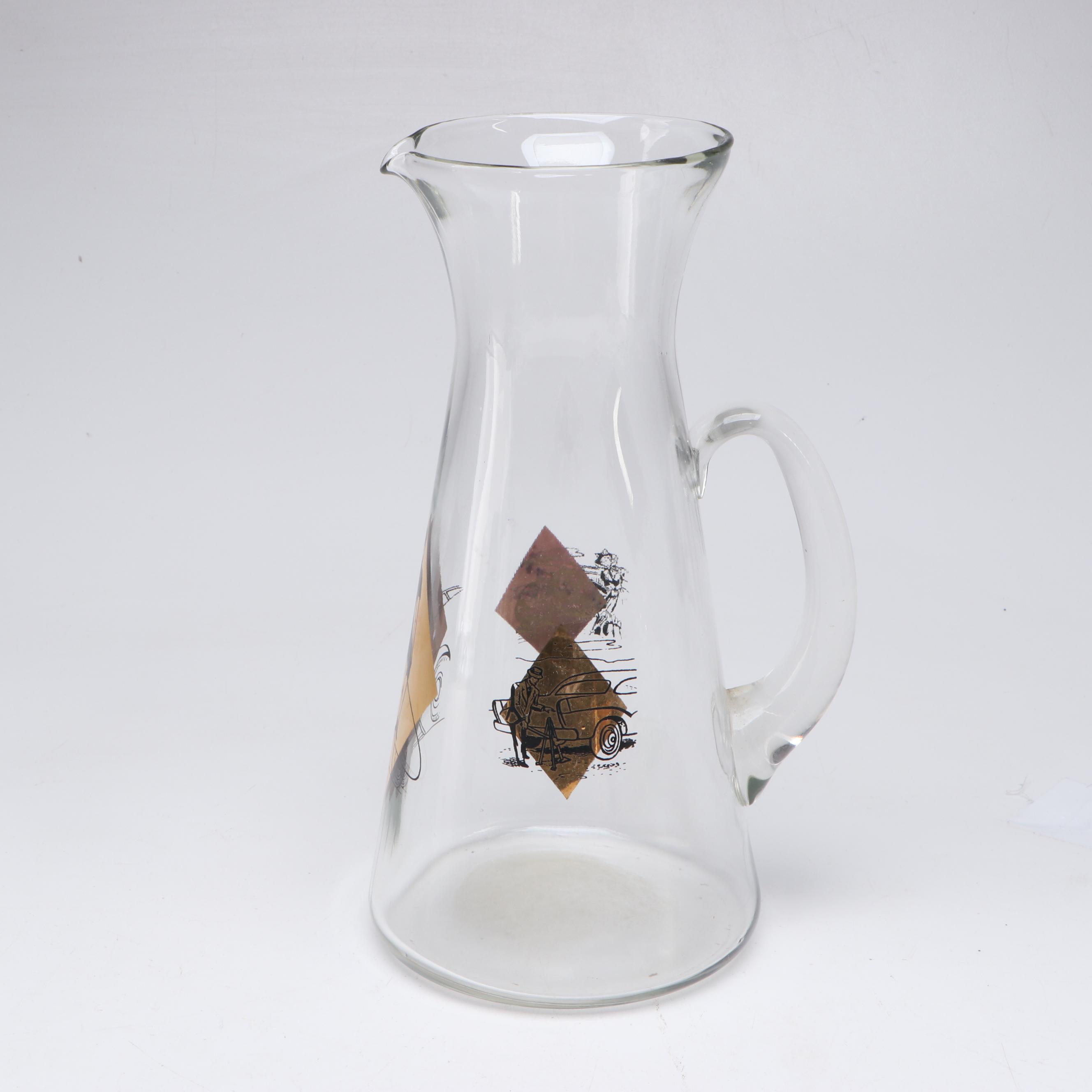 Mid Century Modern Style Black and Gold Car-Themed Pitcher and Cocktail Glasses